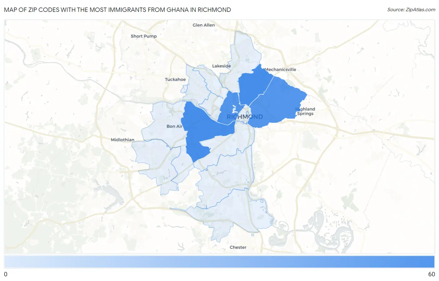 Zip Codes with the Most Immigrants from Ghana in Richmond Map