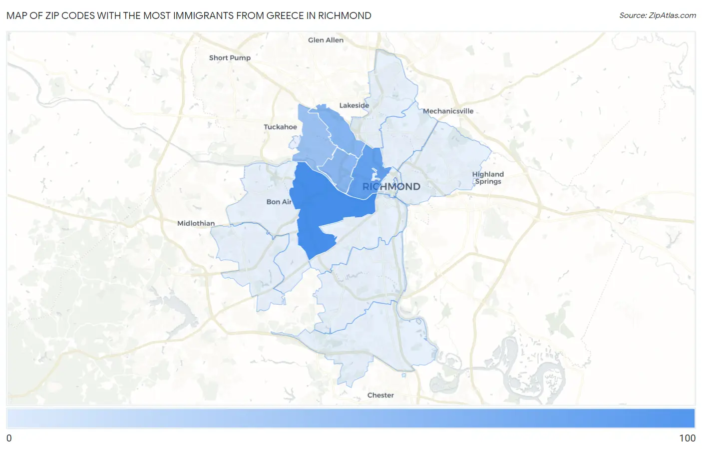 Zip Codes with the Most Immigrants from Greece in Richmond Map