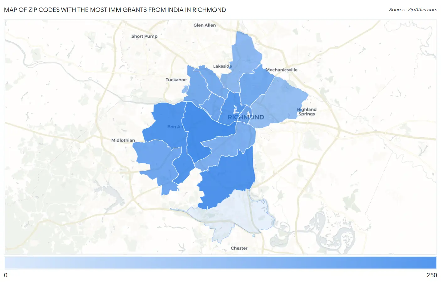 Zip Codes with the Most Immigrants from India in Richmond Map