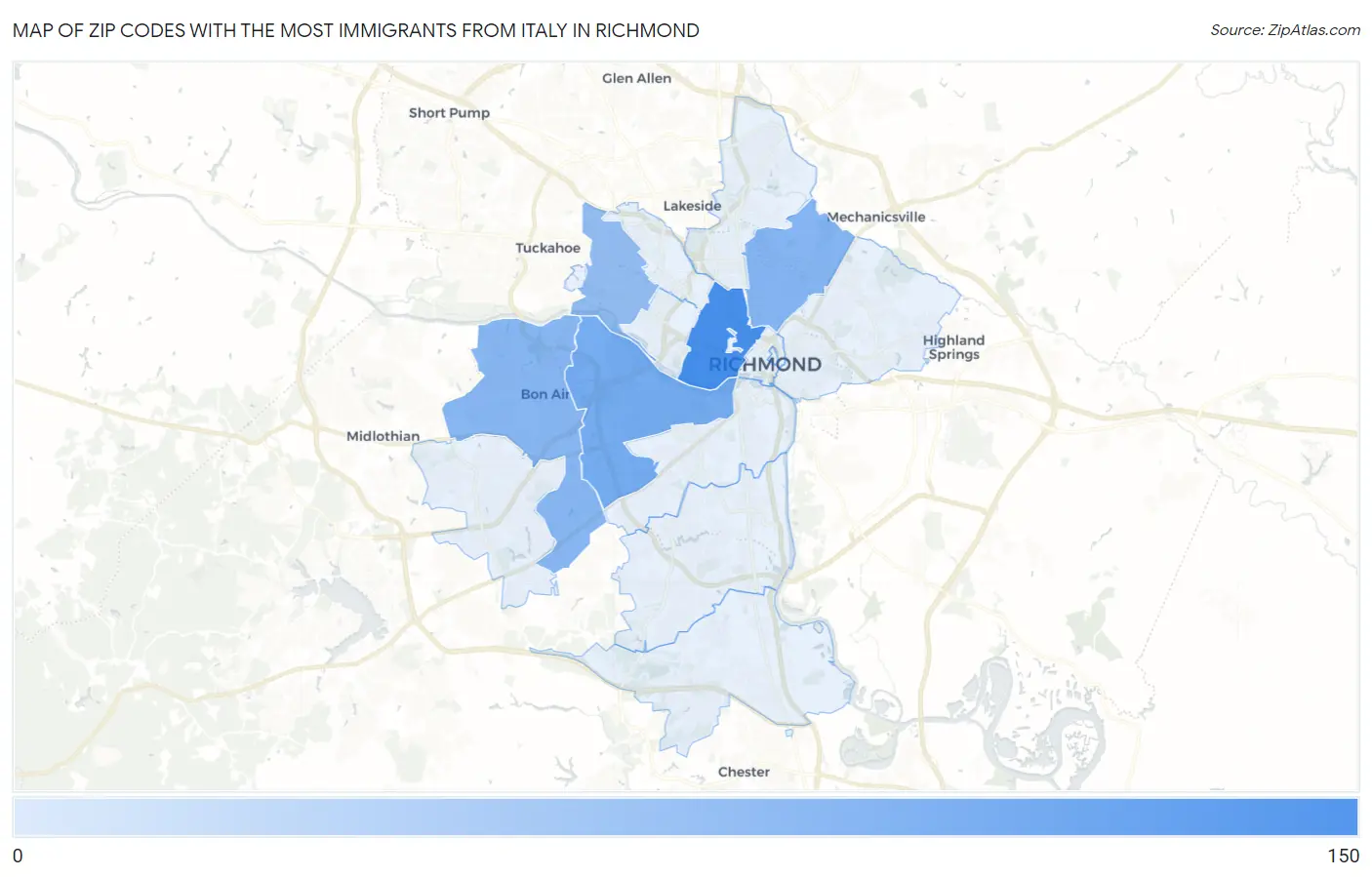 Zip Codes with the Most Immigrants from Italy in Richmond Map