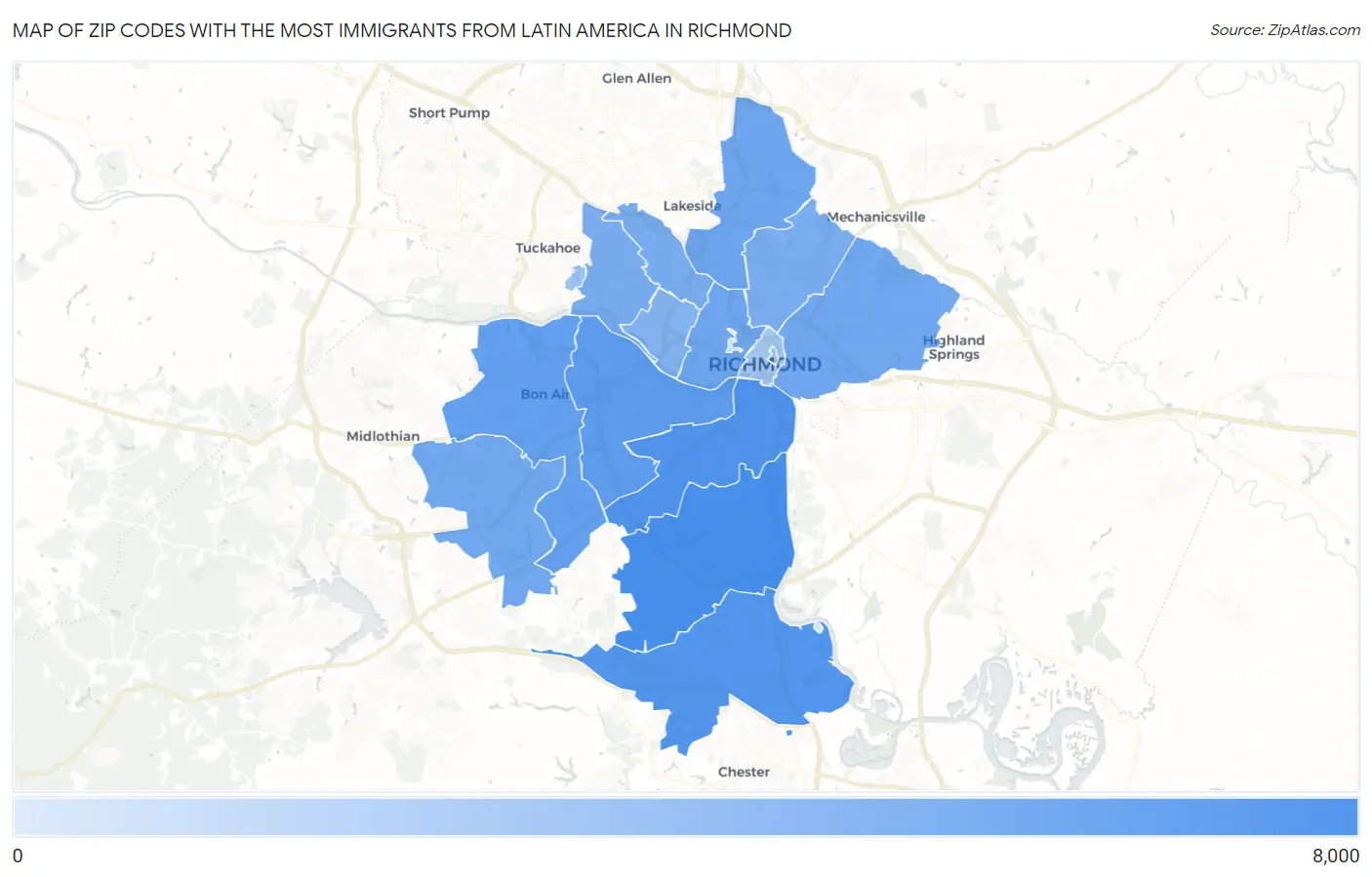 Zip Codes with the Most Immigrants from Latin America in Richmond Map