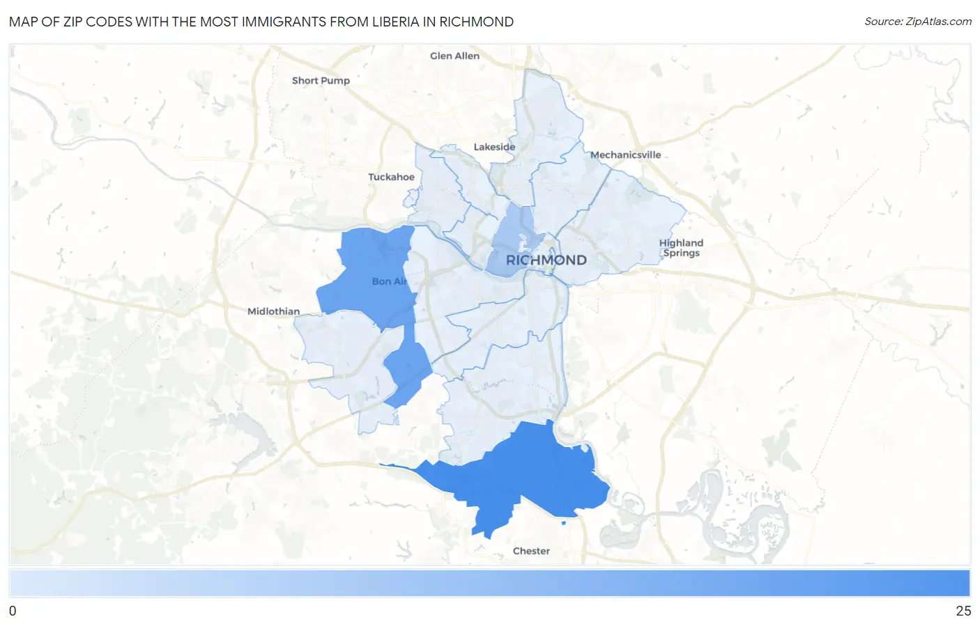 Zip Codes with the Most Immigrants from Liberia in Richmond Map