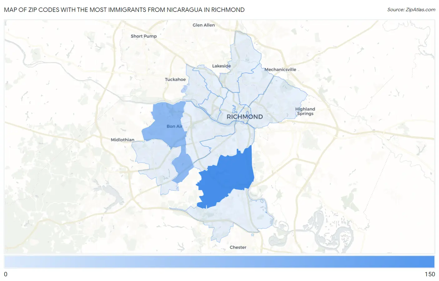 Zip Codes with the Most Immigrants from Nicaragua in Richmond Map