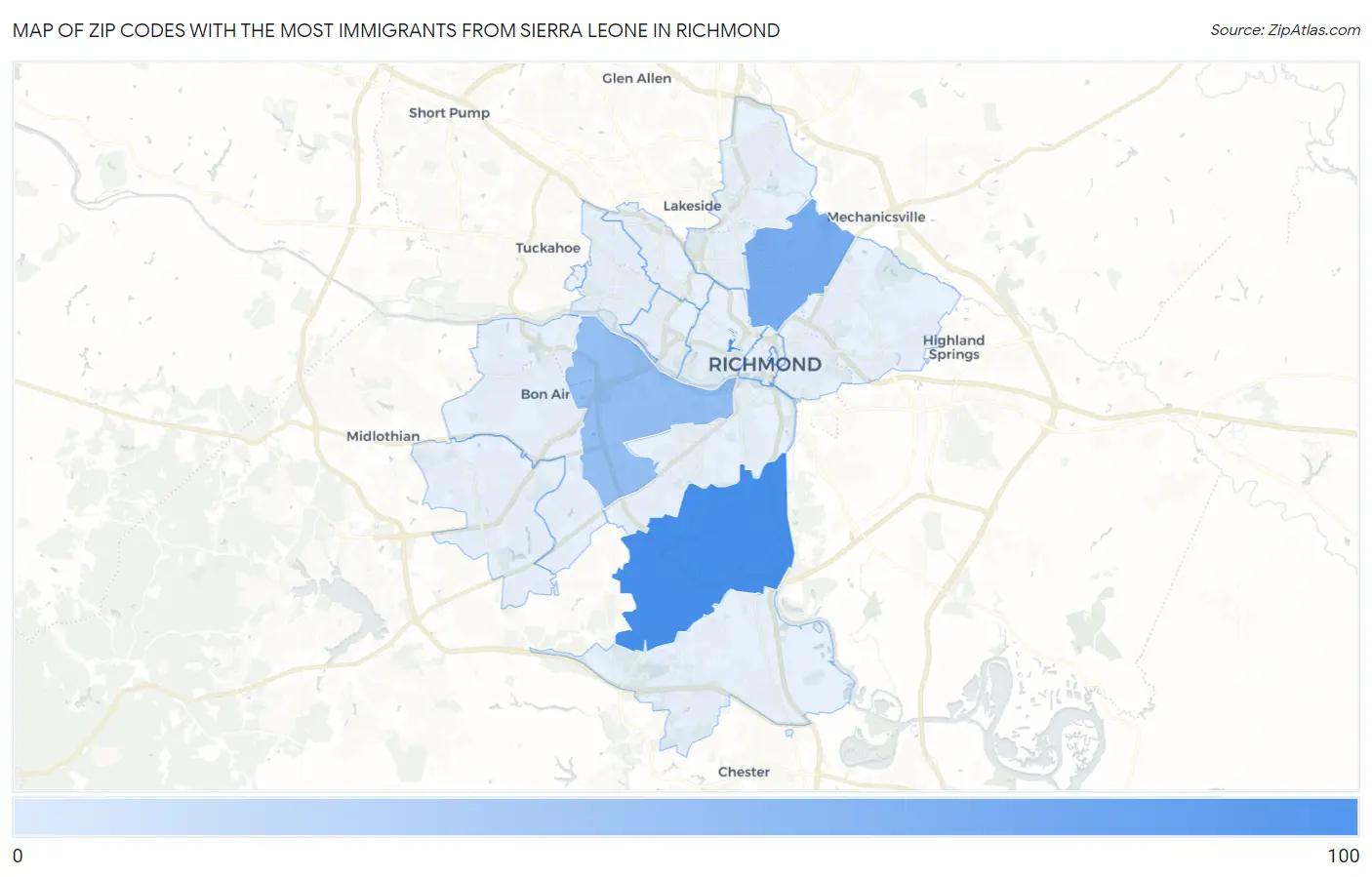 Zip Codes with the Most Immigrants from Sierra Leone in Richmond Map