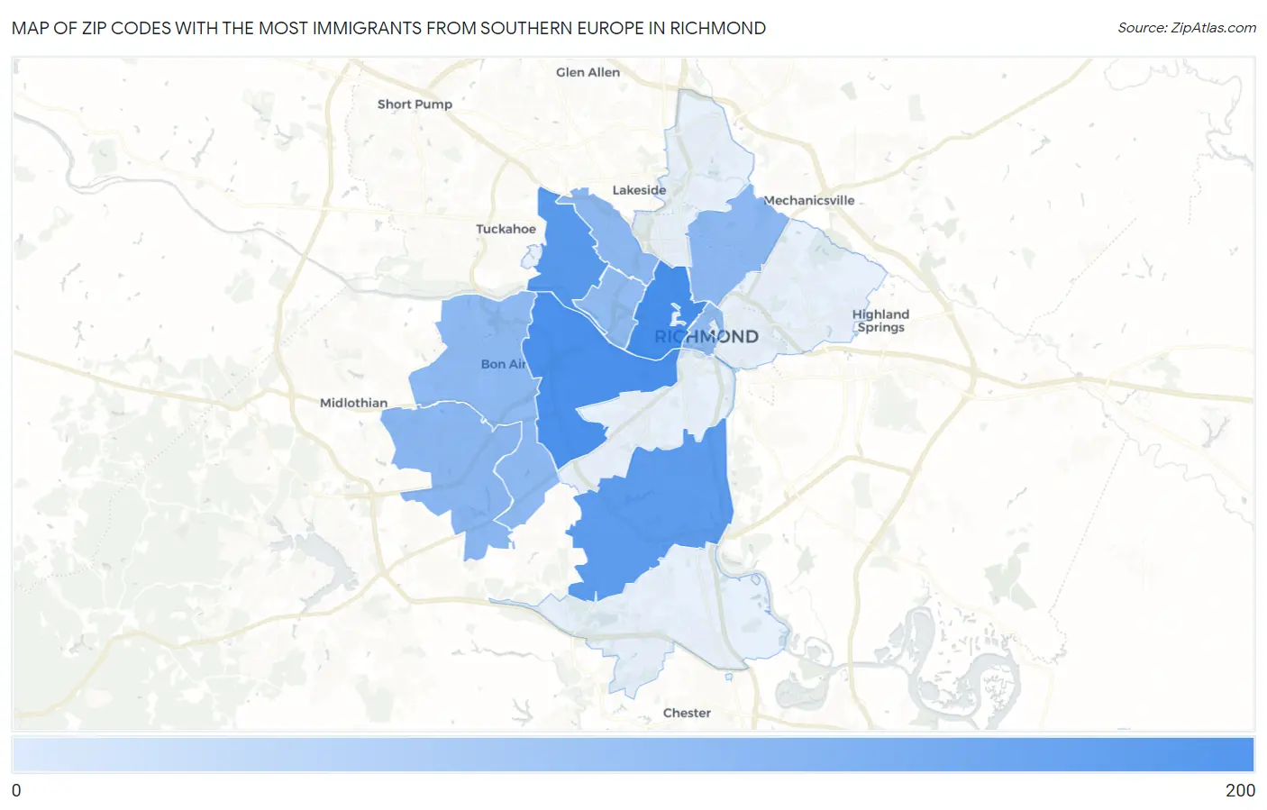 Zip Codes with the Most Immigrants from Southern Europe in Richmond Map