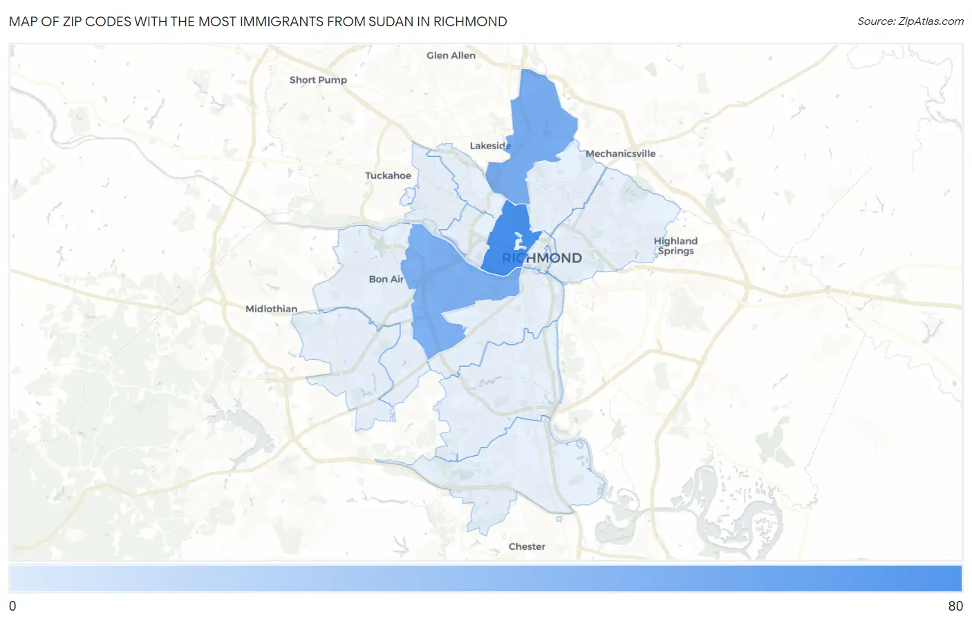 Zip Codes with the Most Immigrants from Sudan in Richmond Map
