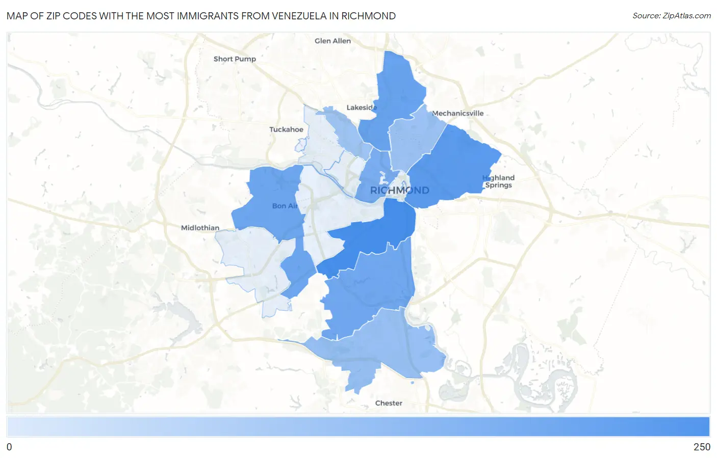 Zip Codes with the Most Immigrants from Venezuela in Richmond Map