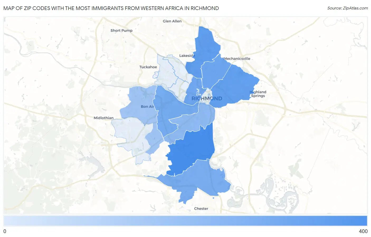 Zip Codes with the Most Immigrants from Western Africa in Richmond Map