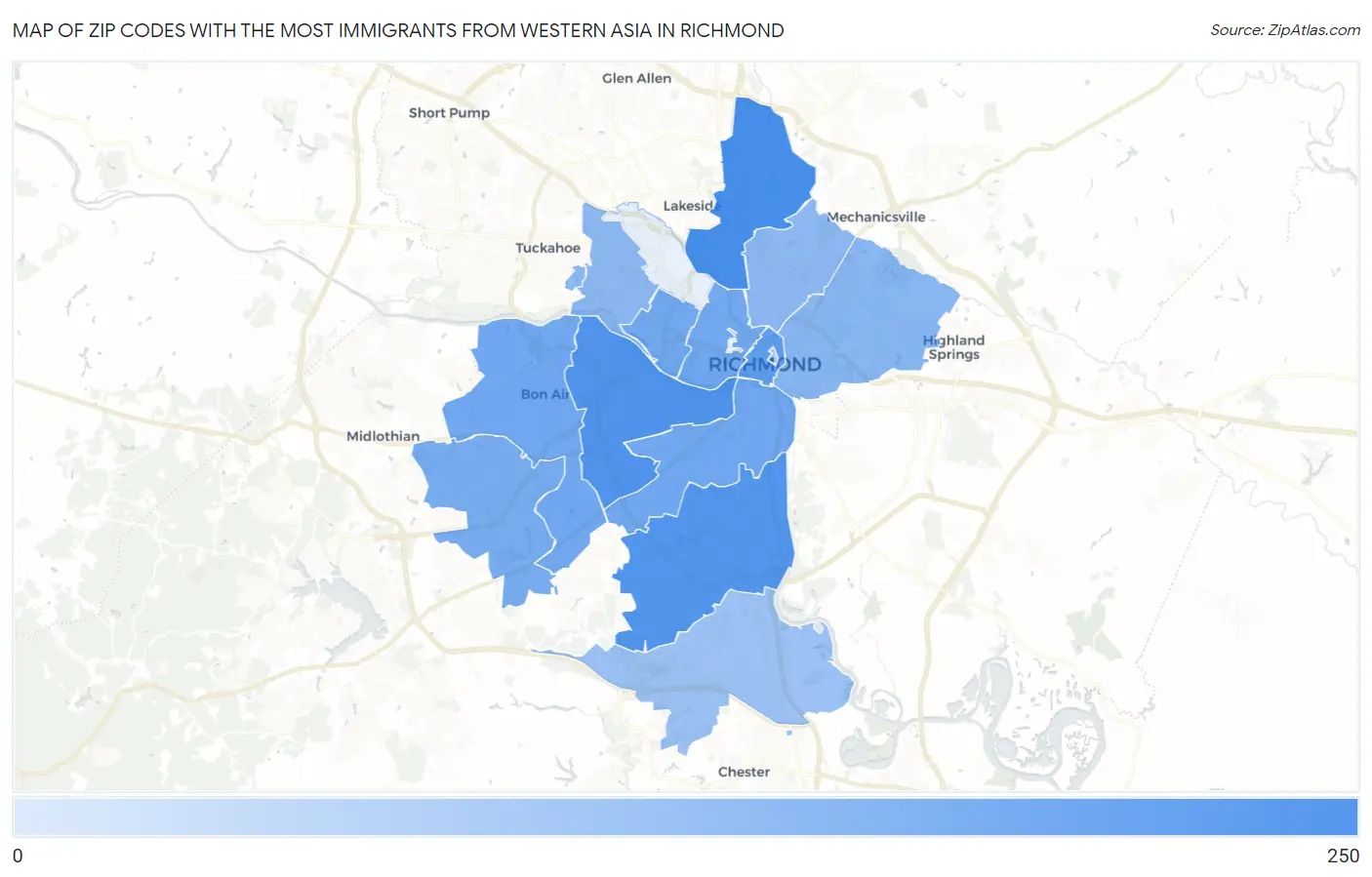 Zip Codes with the Most Immigrants from Western Asia in Richmond Map