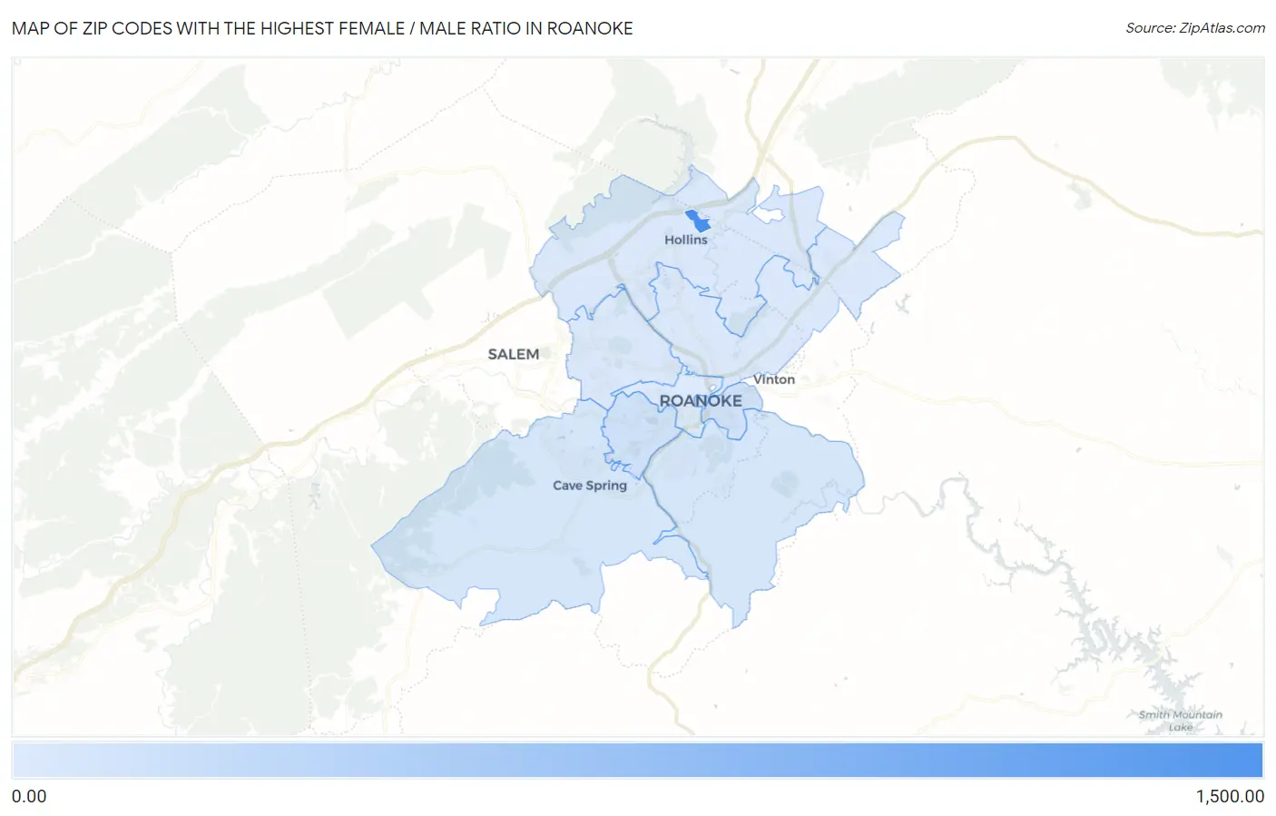 Zip Codes with the Highest Female / Male Ratio in Roanoke Map