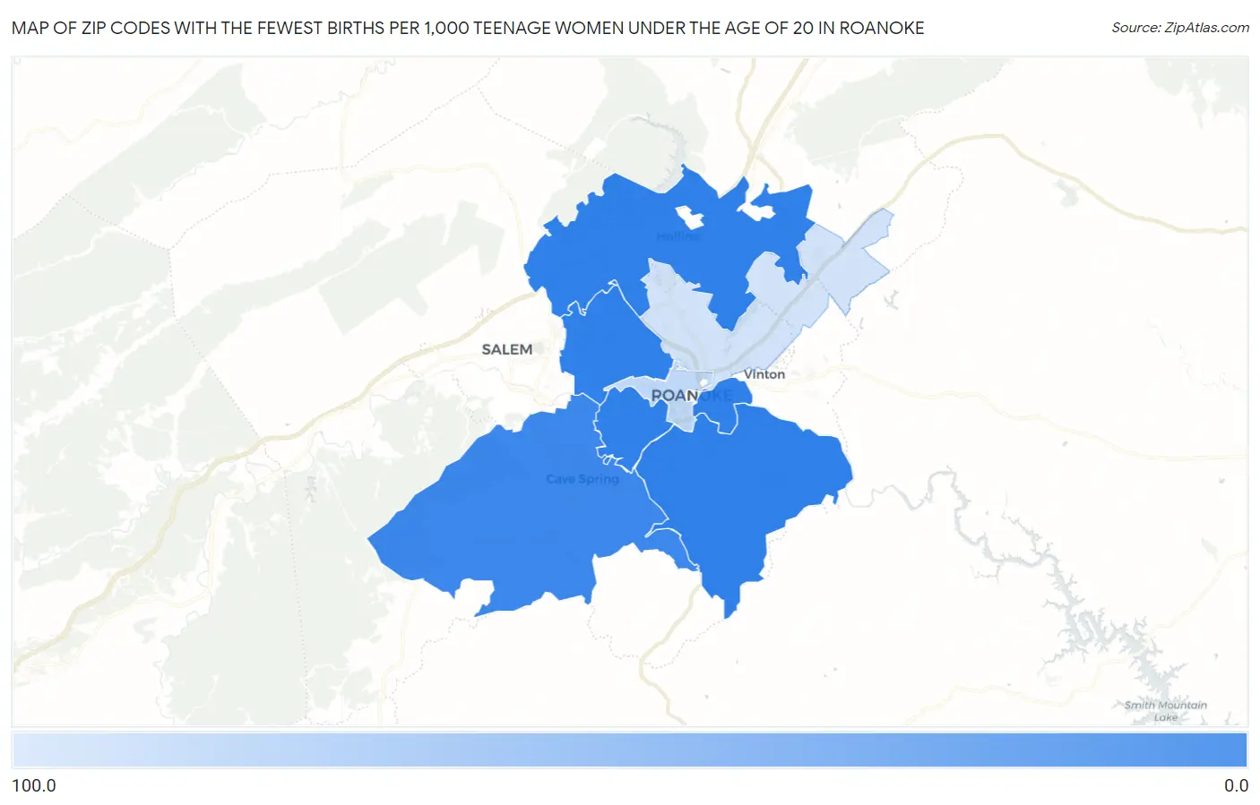 Zip Codes with the Fewest Births per 1,000 Teenage Women Under the Age of 20 in Roanoke Map