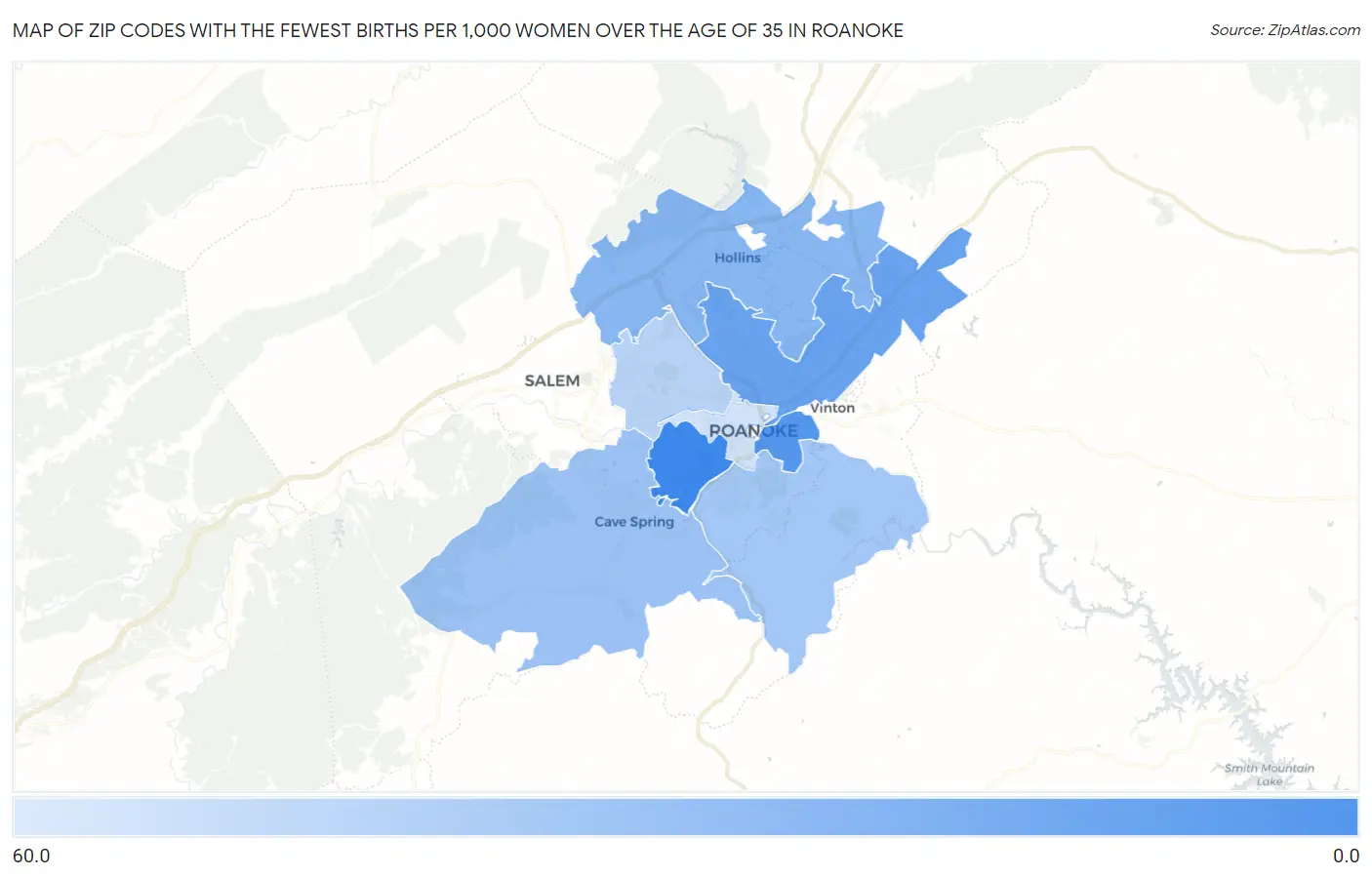 Zip Codes with the Fewest Births per 1,000 Women Over the Age of 35 in Roanoke Map