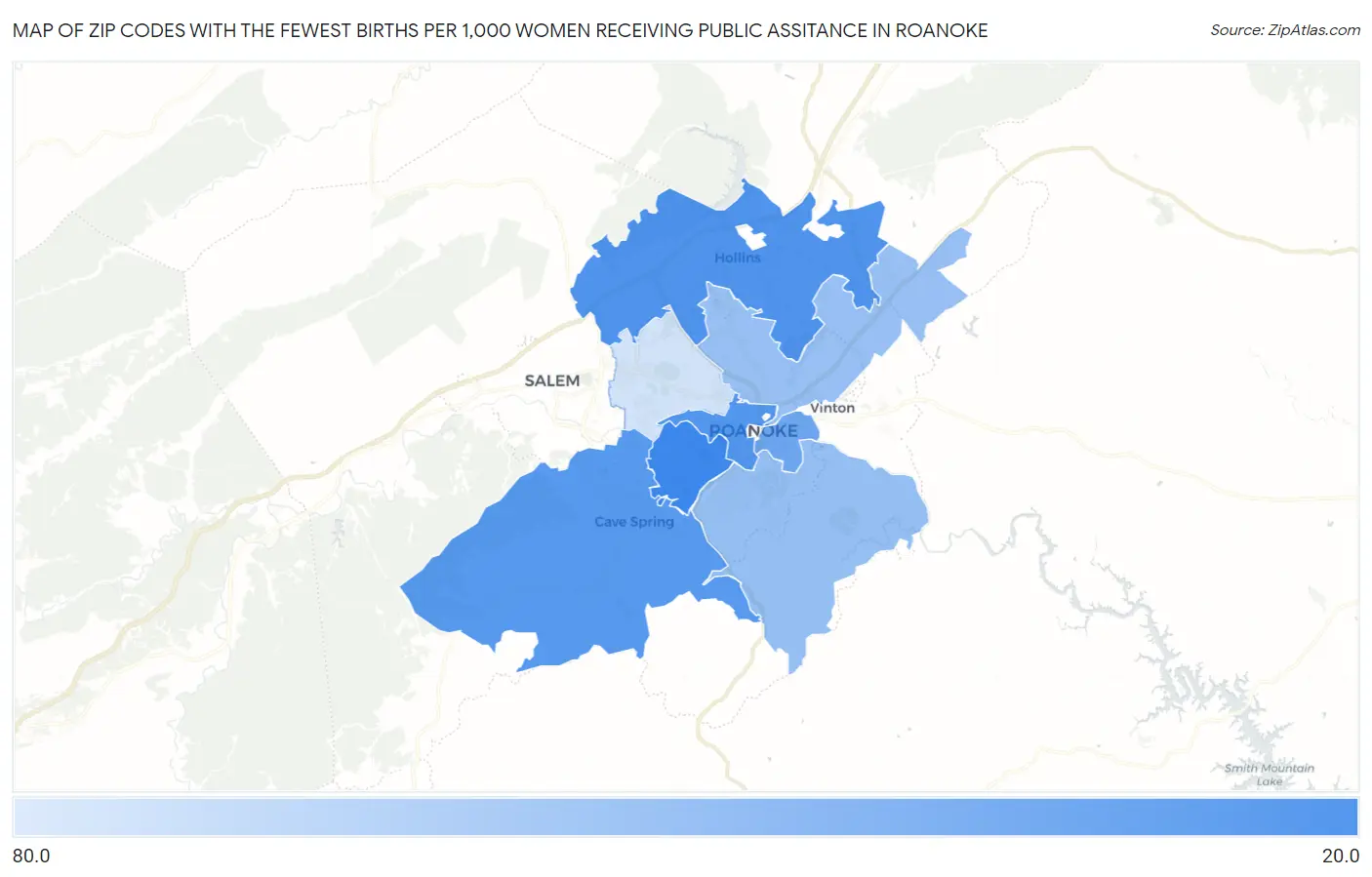 Zip Codes with the Fewest Births per 1,000 Women Receiving Public Assitance in Roanoke Map
