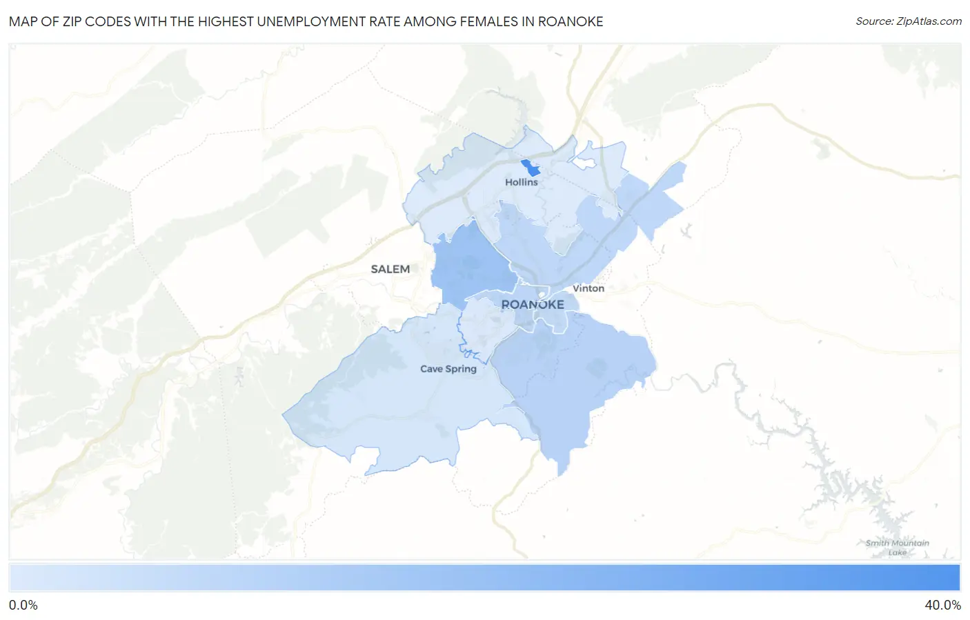 Zip Codes with the Highest Unemployment Rate Among Females in Roanoke Map