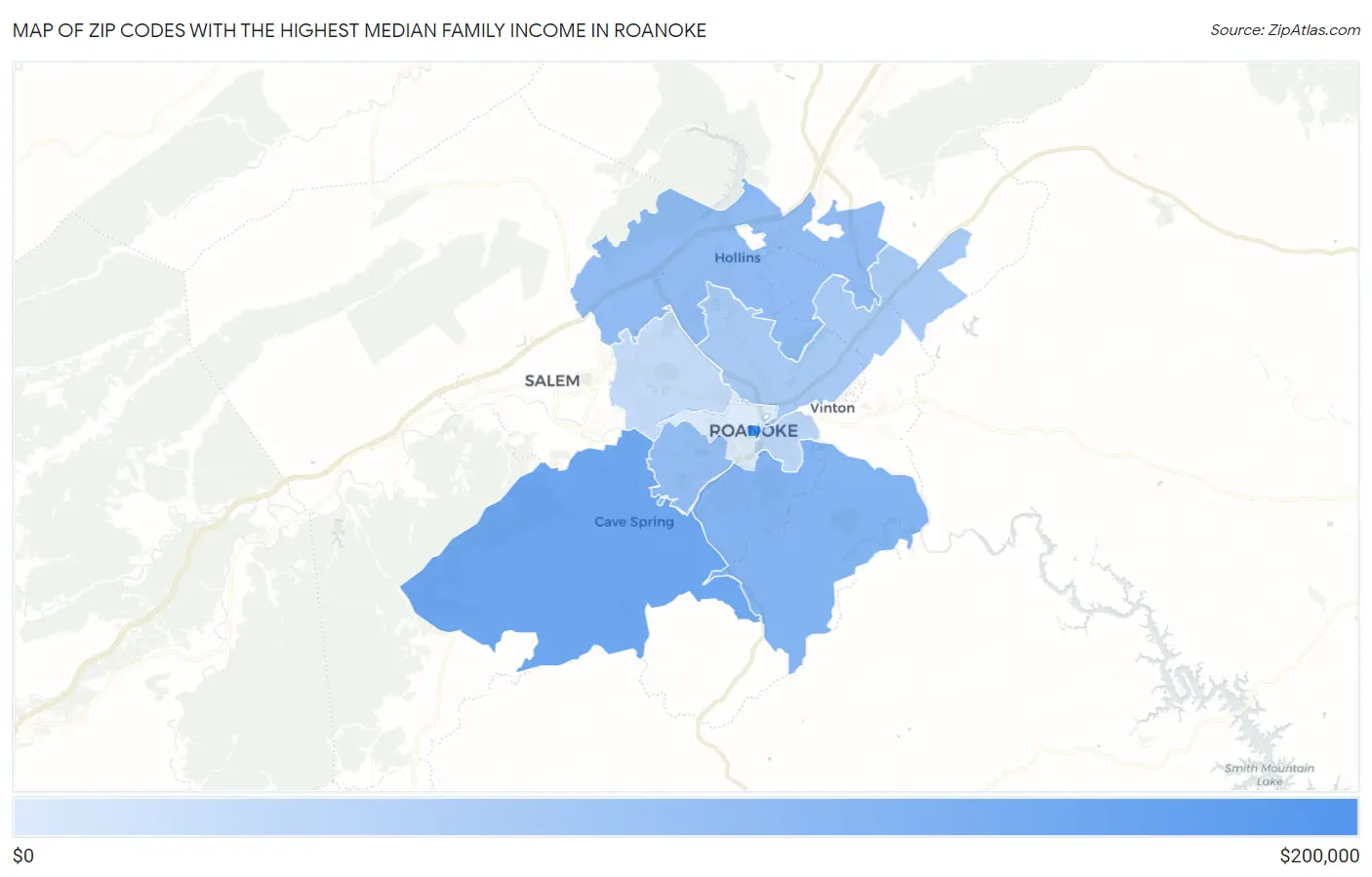 Zip Codes with the Highest Median Family Income in Roanoke Map