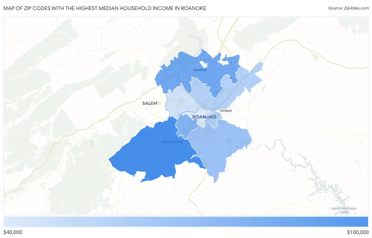 Zip Codes with the Highest Median Household Income in Roanoke Map