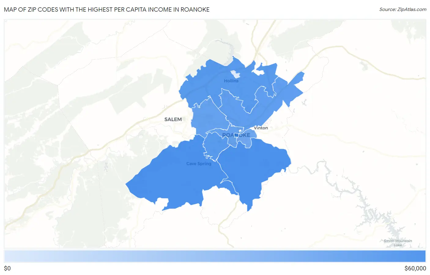 Zip Codes with the Highest Per Capita Income in Roanoke Map