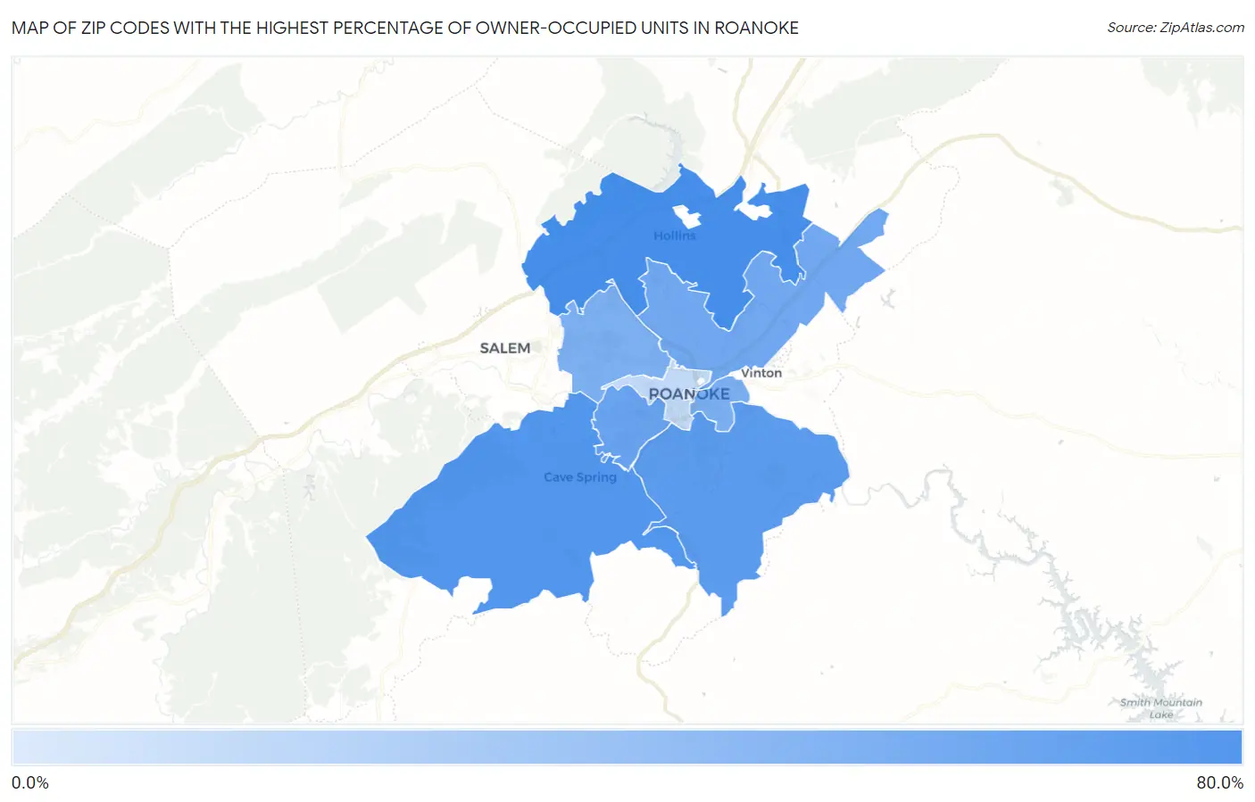 Zip Codes with the Highest Percentage of Owner-Occupied Units in Roanoke Map