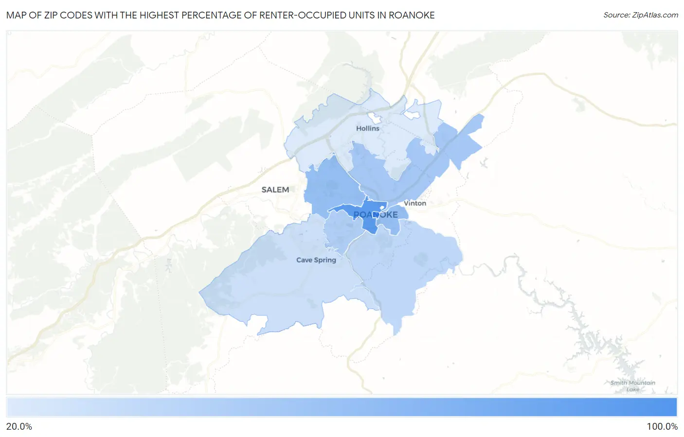 Zip Codes with the Highest Percentage of Renter-Occupied Units in Roanoke Map
