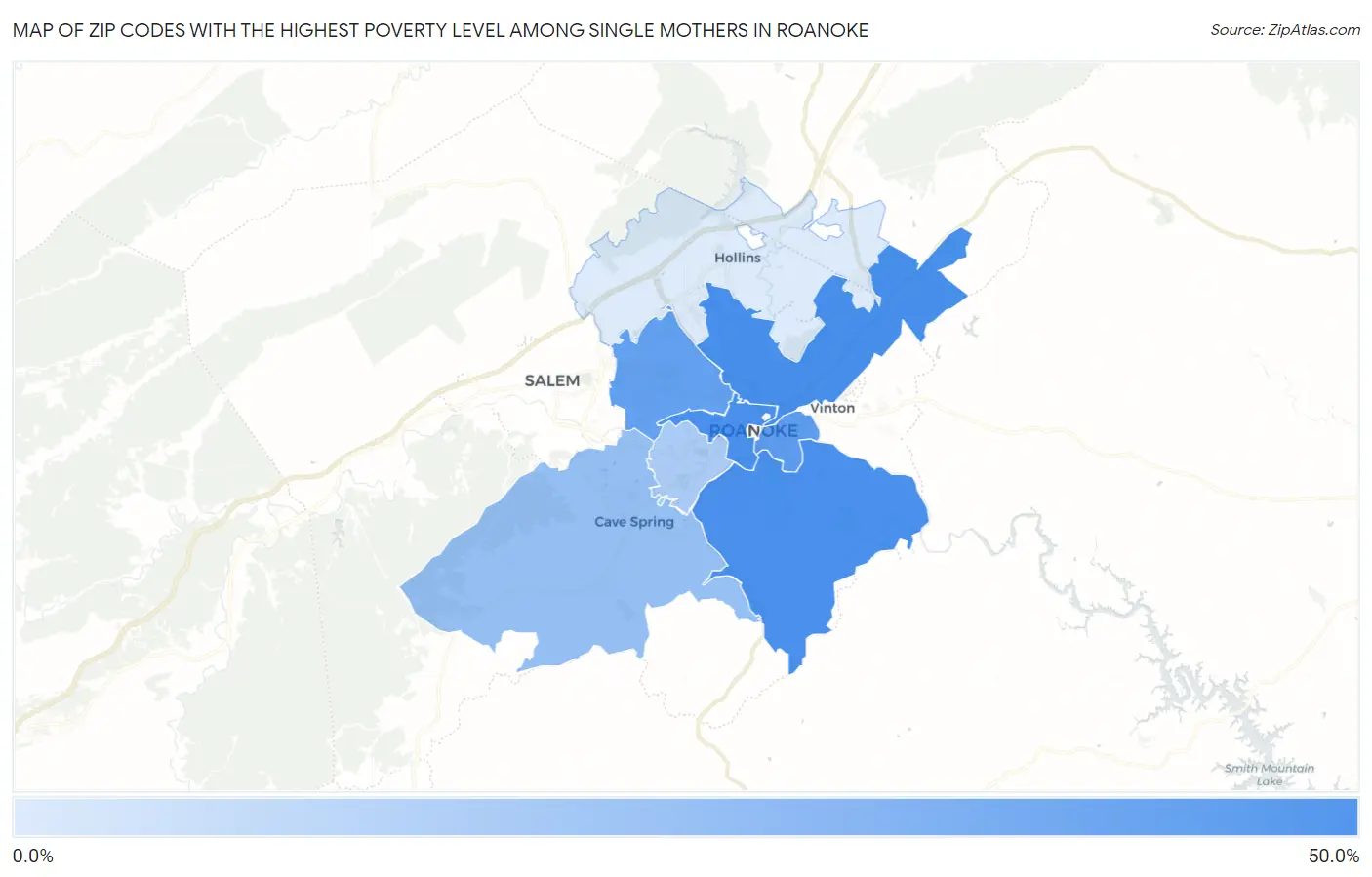 Zip Codes with the Highest Poverty Level Among Single Mothers in Roanoke Map