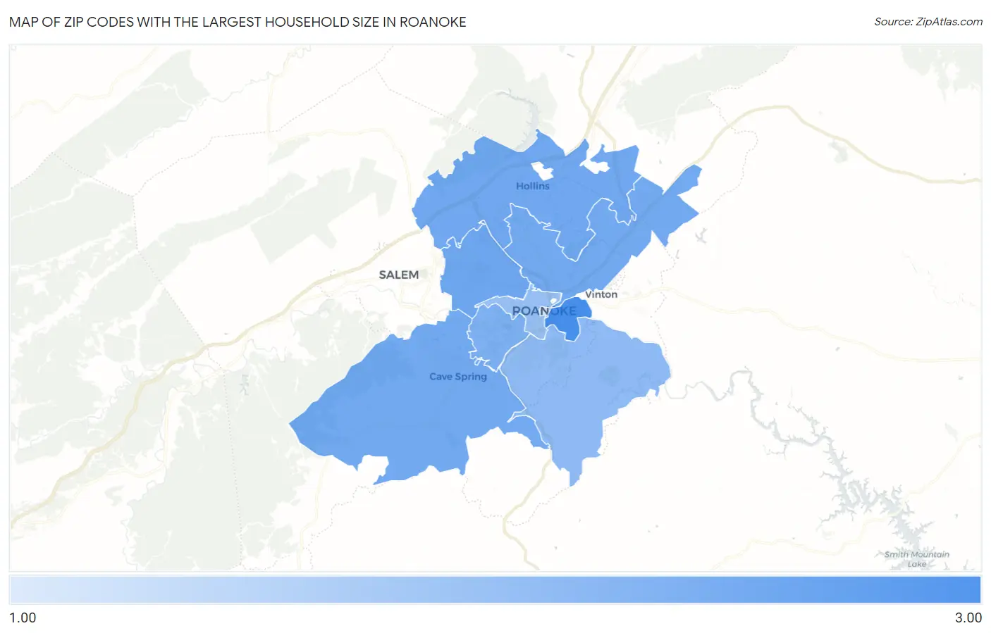 Zip Codes with the Largest Household Size in Roanoke Map