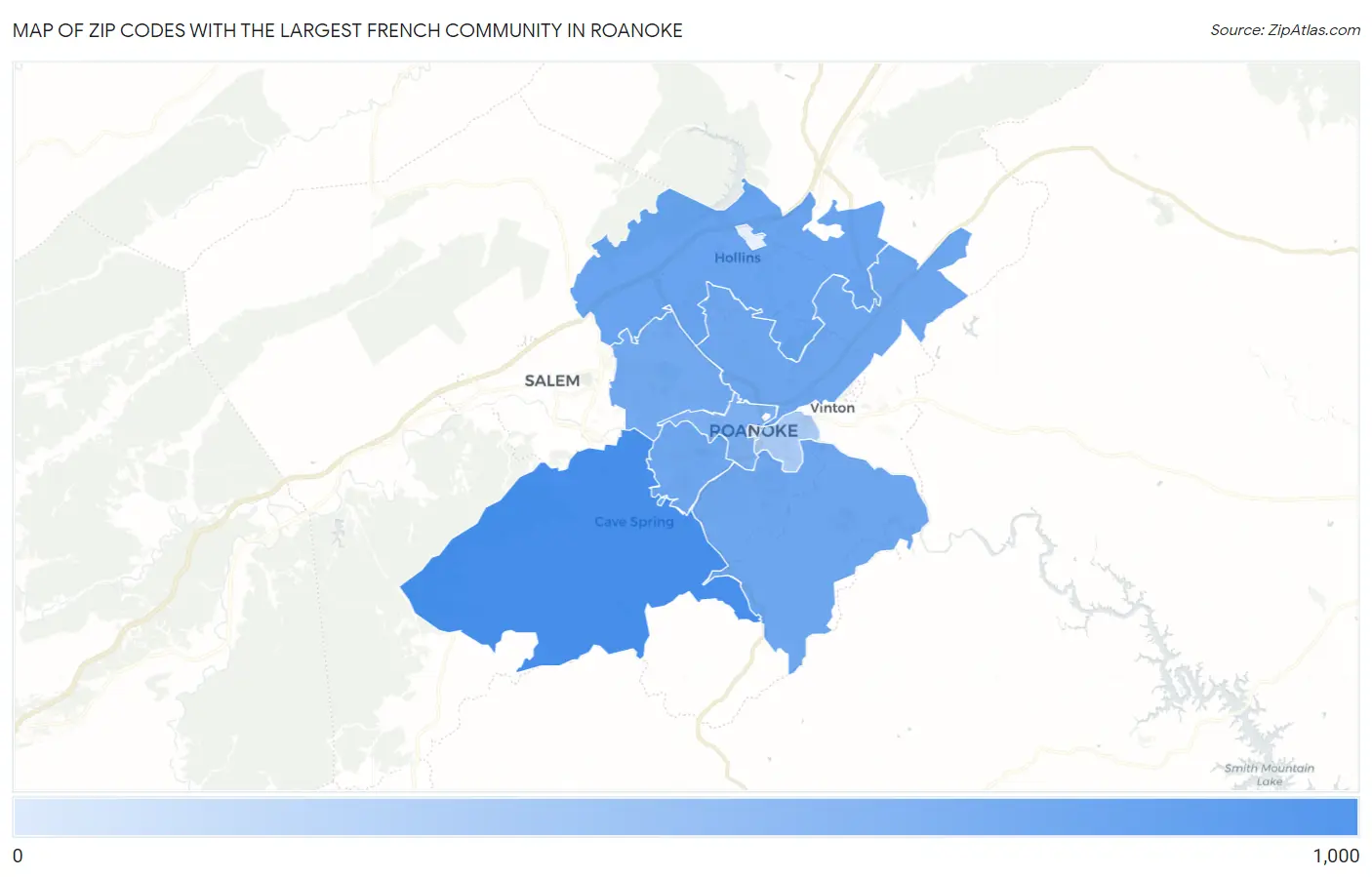 Zip Codes with the Largest French Community in Roanoke Map