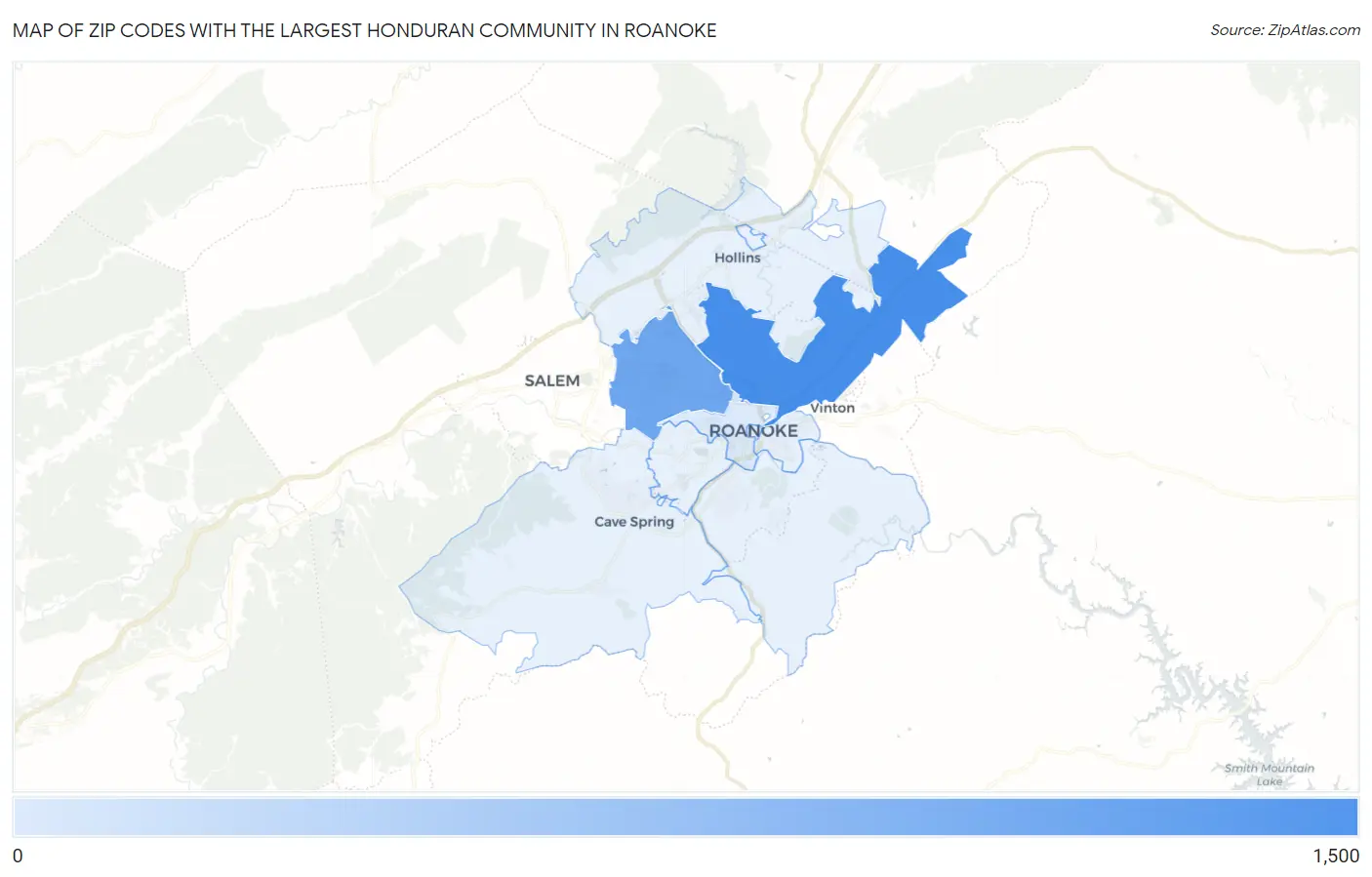 Zip Codes with the Largest Honduran Community in Roanoke Map