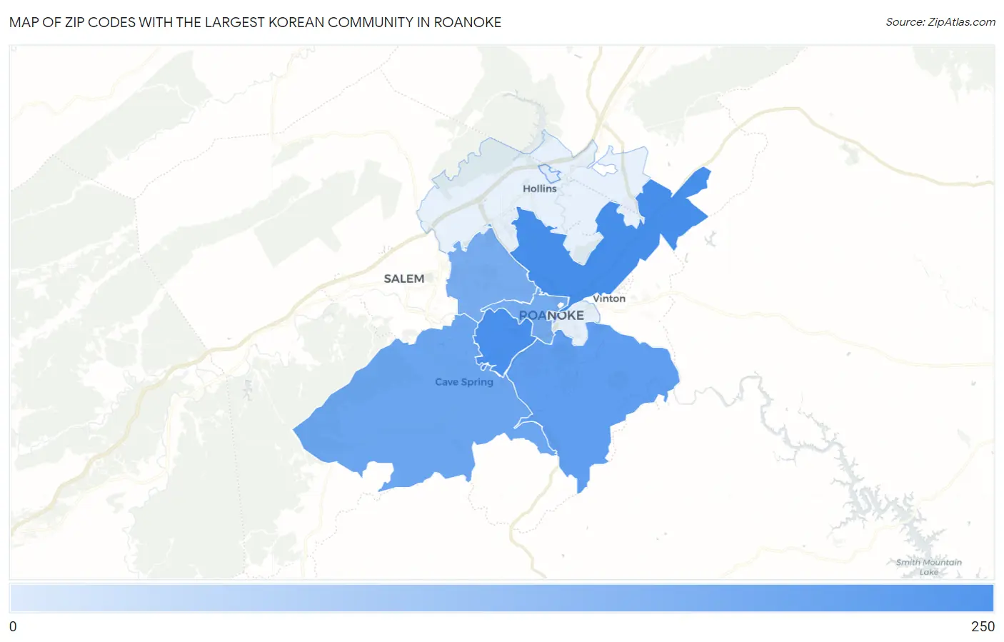 Zip Codes with the Largest Korean Community in Roanoke Map
