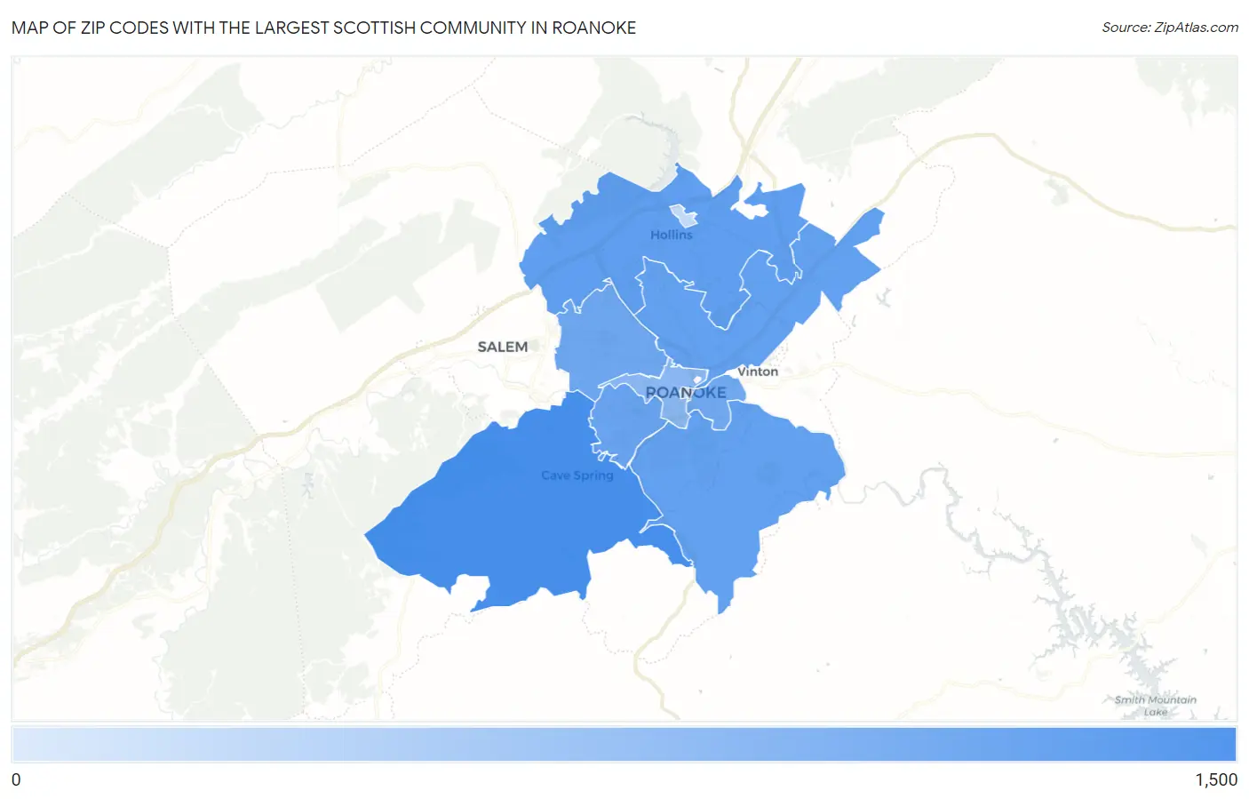 Zip Codes with the Largest Scottish Community in Roanoke Map