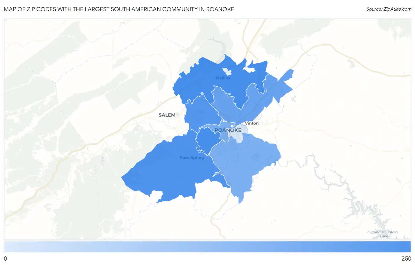 Zip Codes with the Largest South American Community in Roanoke Map