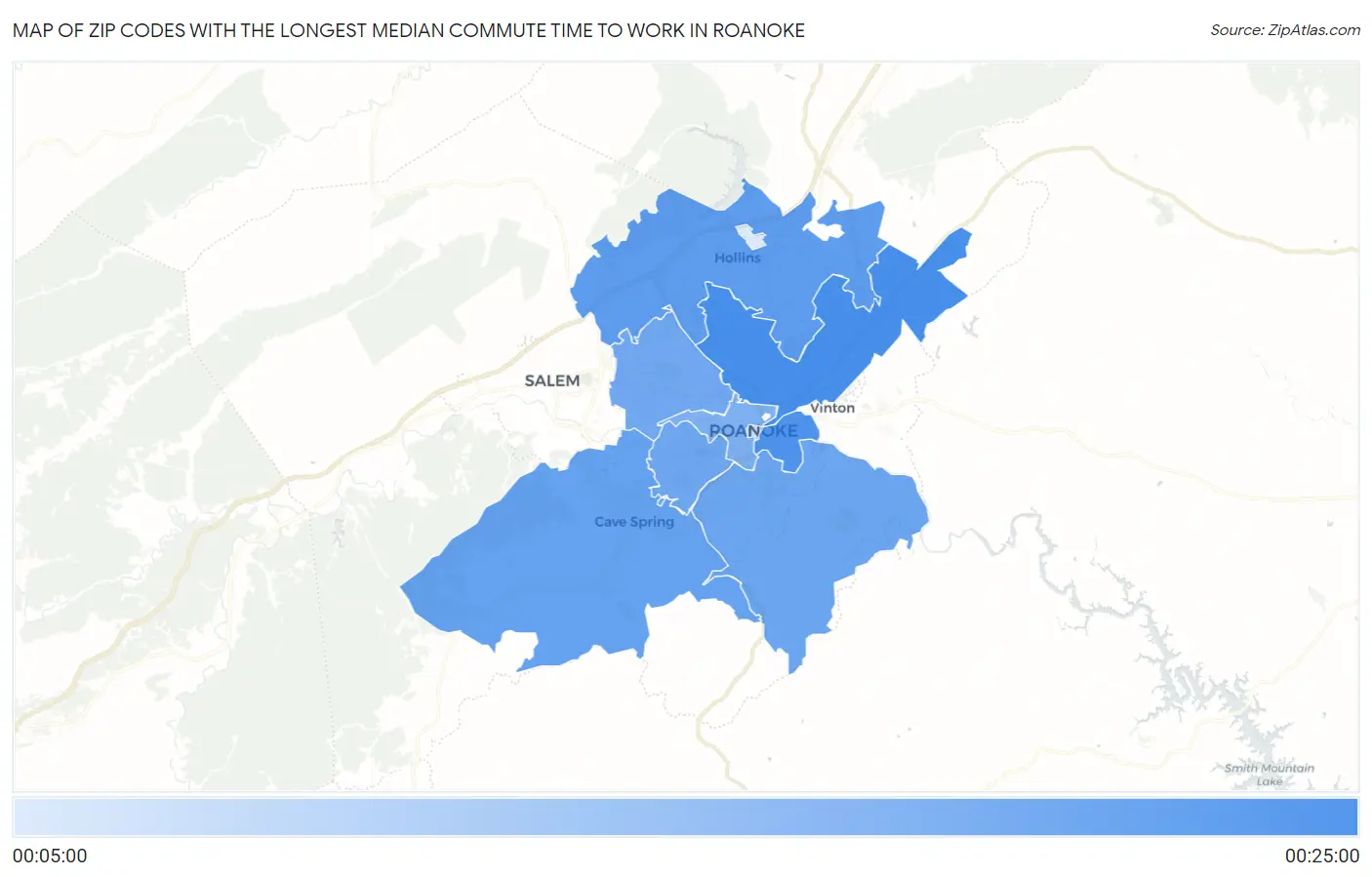Zip Codes with the Longest Median Commute Time to Work in Roanoke Map