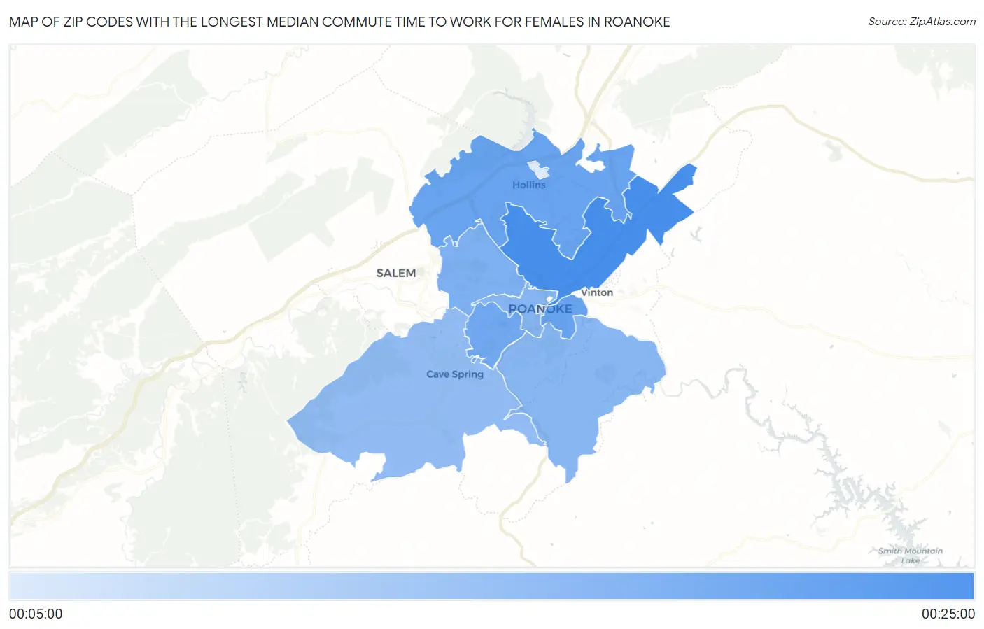 Zip Codes with the Longest Median Commute Time to Work for Females in Roanoke Map