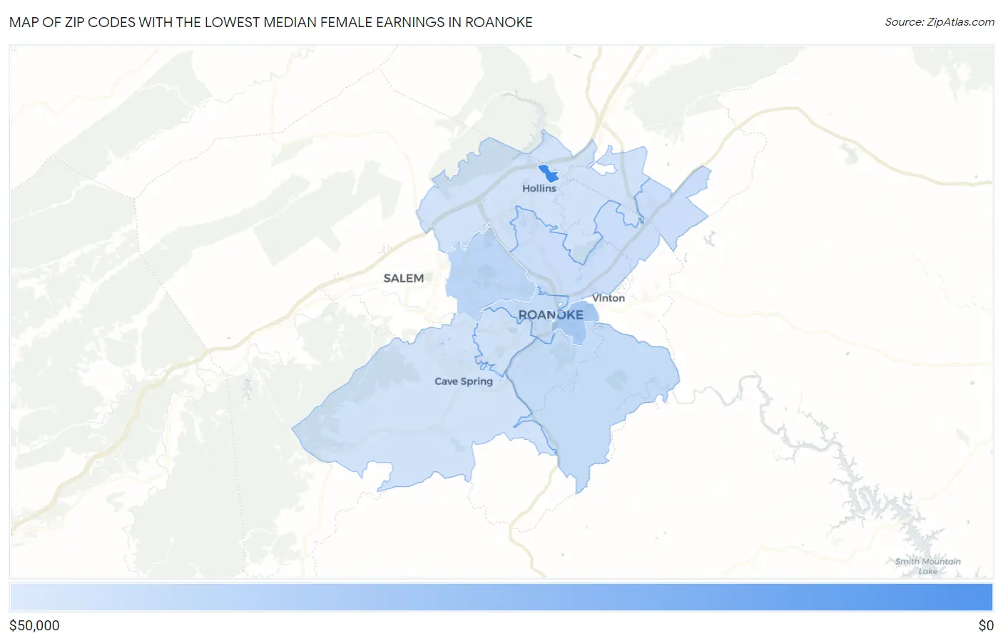 Zip Codes with the Lowest Median Female Earnings in Roanoke Map