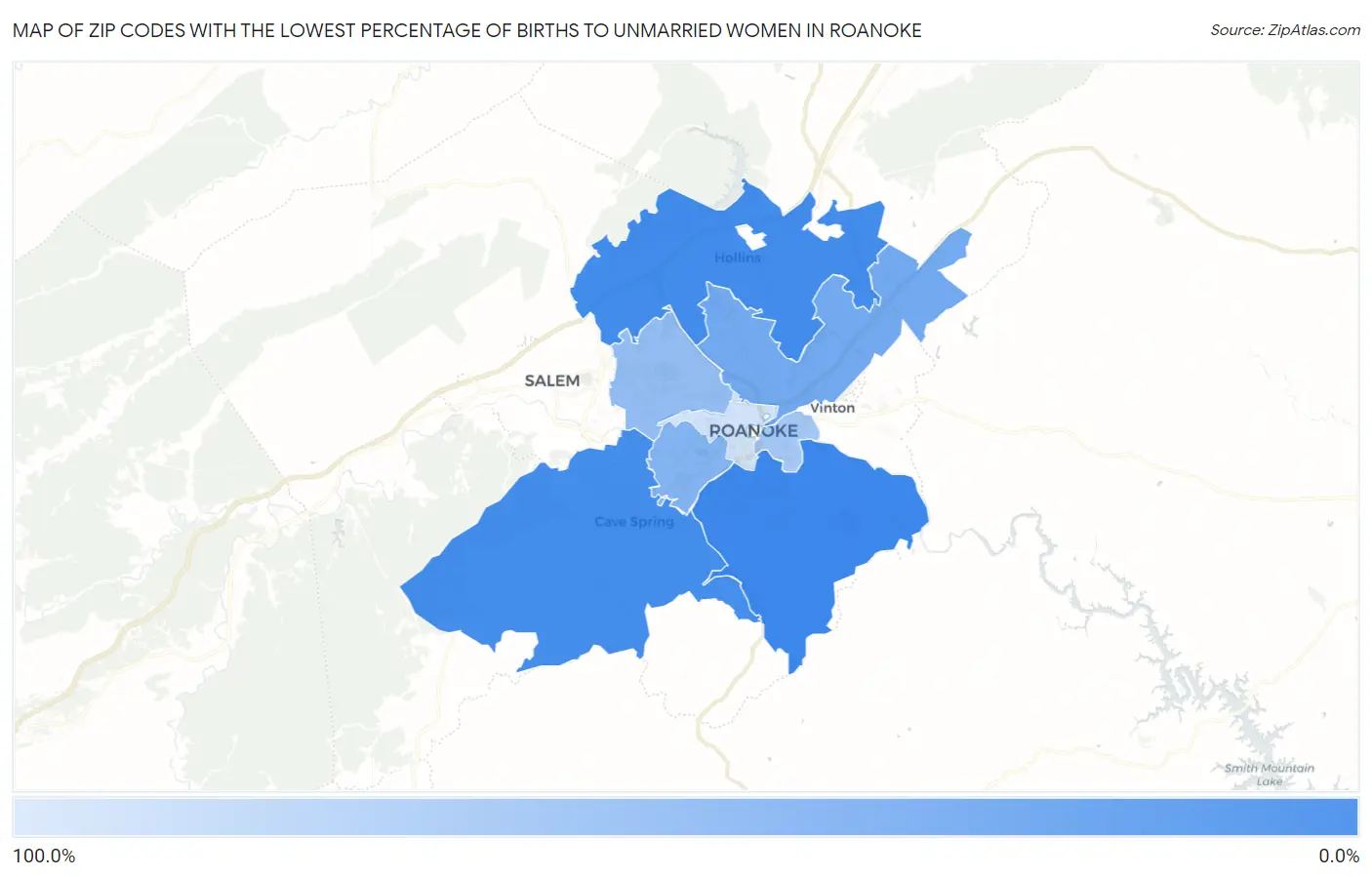 Zip Codes with the Lowest Percentage of Births to Unmarried Women in Roanoke Map
