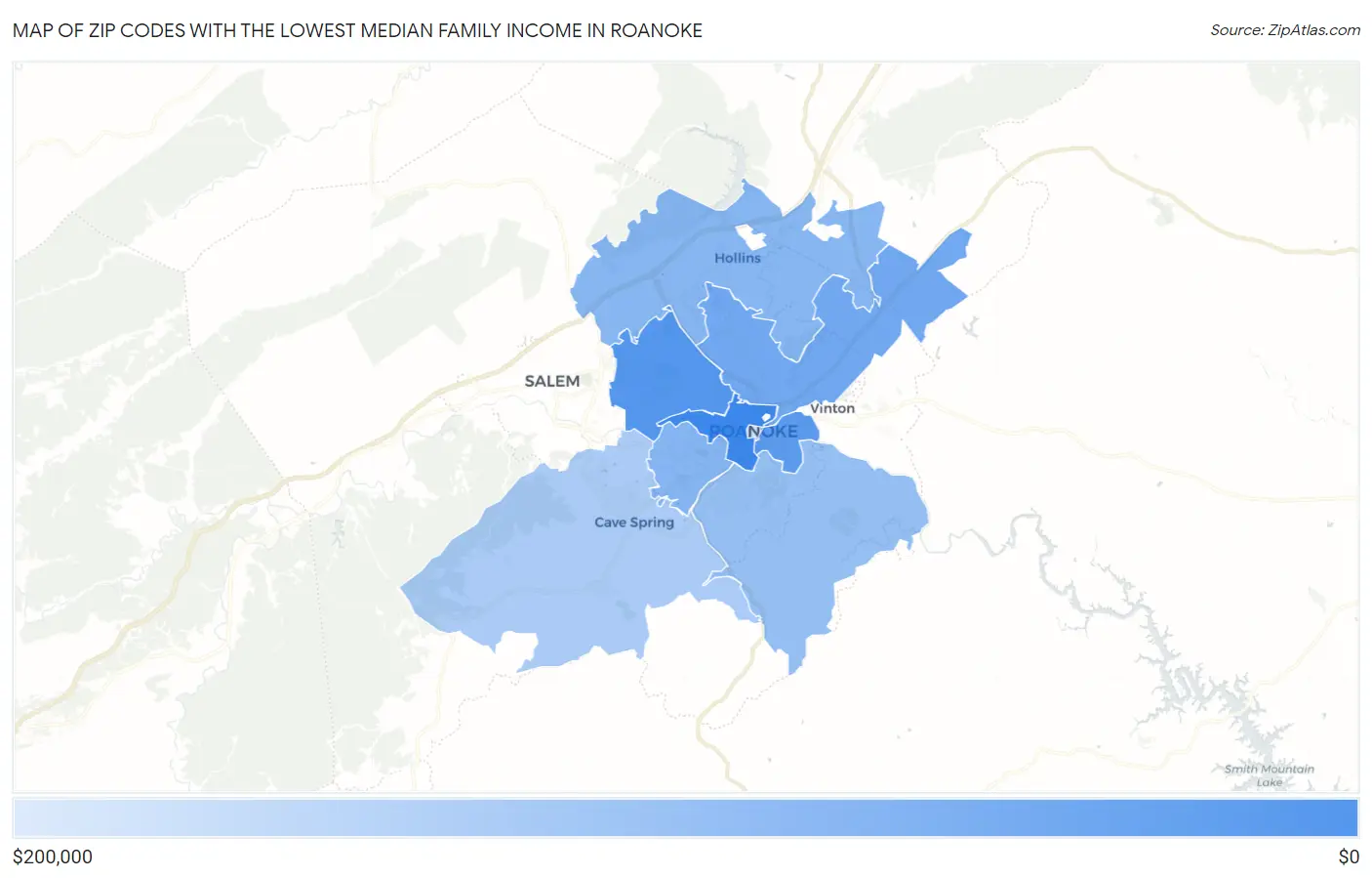 Zip Codes with the Lowest Median Family Income in Roanoke Map