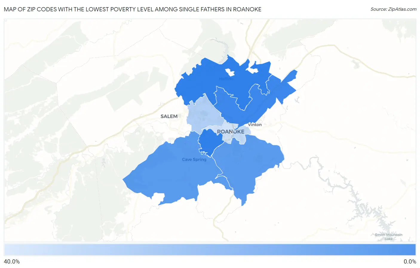 Zip Codes with the Lowest Poverty Level Among Single Fathers in Roanoke Map