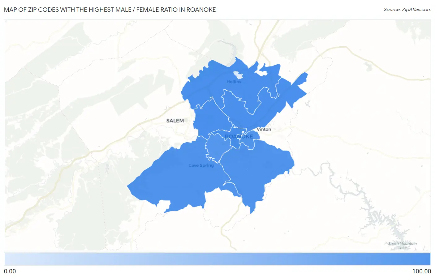 Zip Codes with the Highest Male / Female Ratio in Roanoke Map