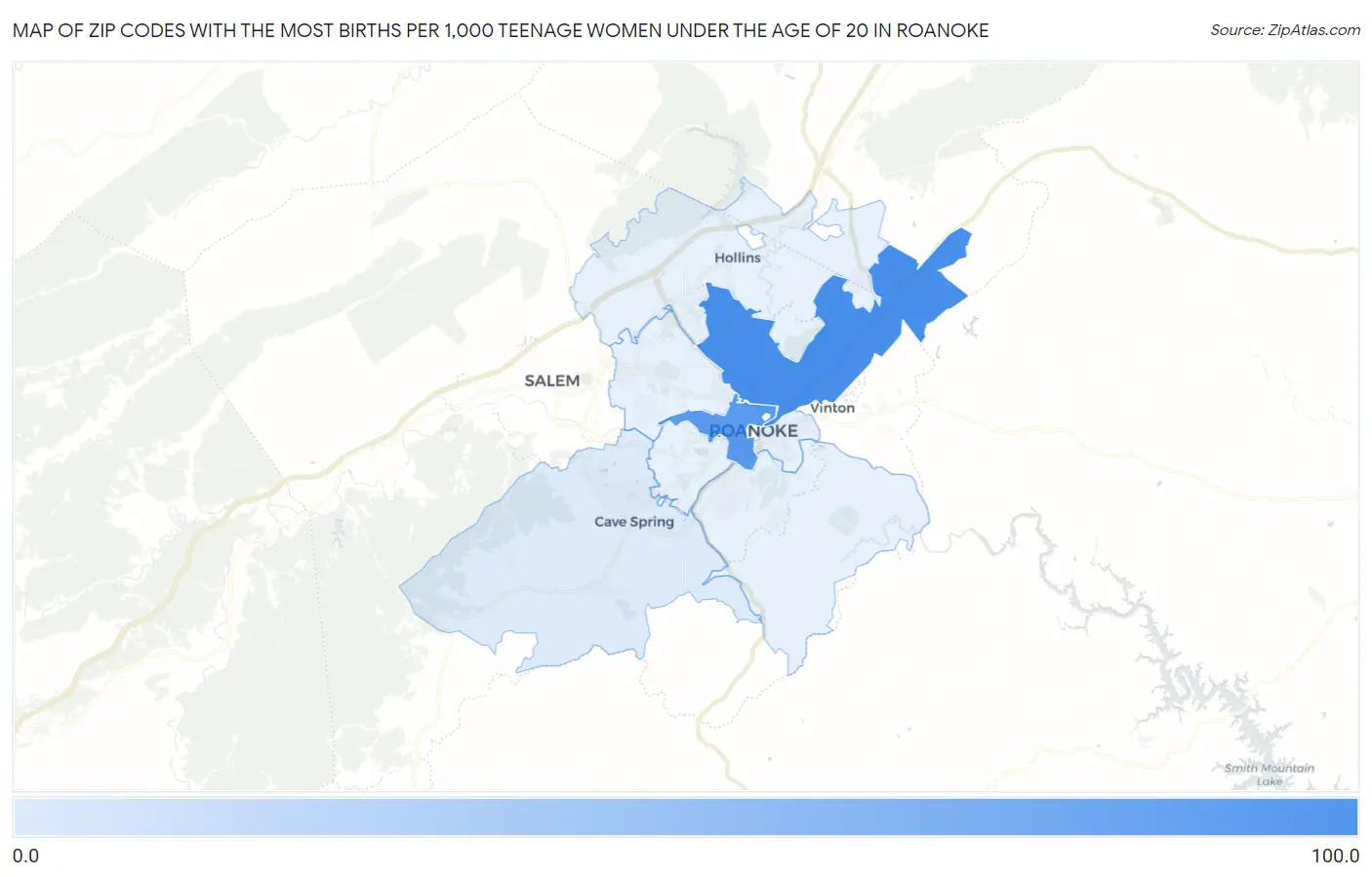 Zip Codes with the Most Births per 1,000 Teenage Women Under the Age of 20 in Roanoke Map