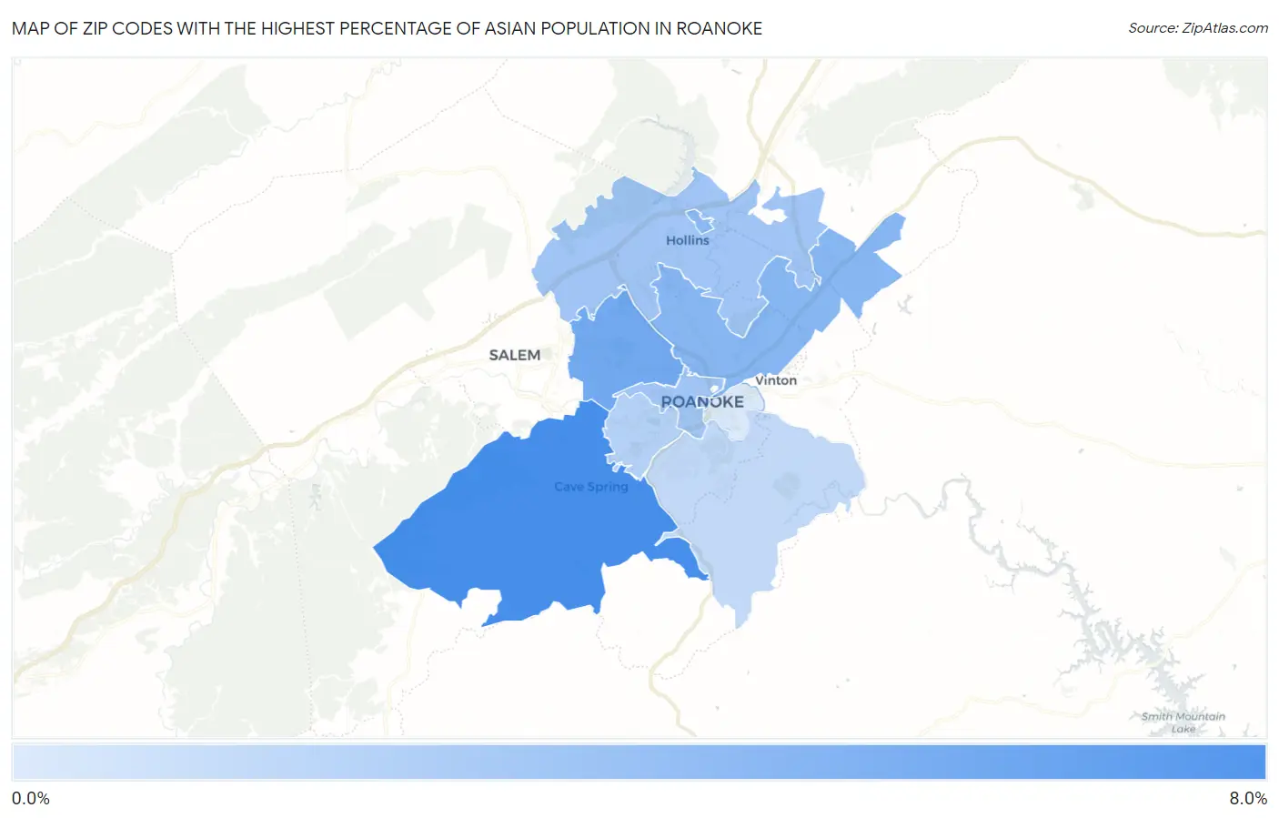 Zip Codes with the Highest Percentage of Asian Population in Roanoke Map