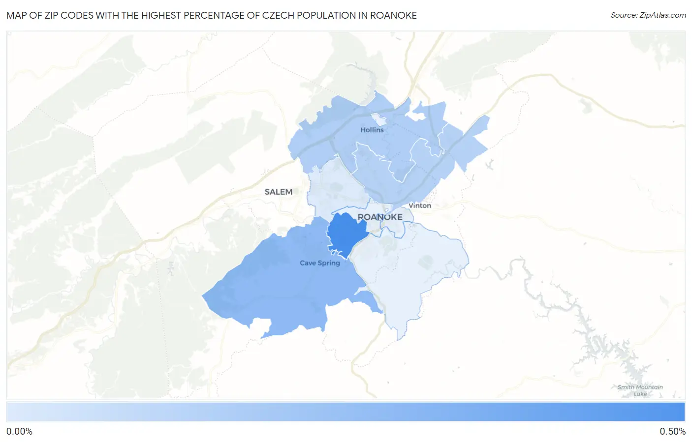 Zip Codes with the Highest Percentage of Czech Population in Roanoke Map