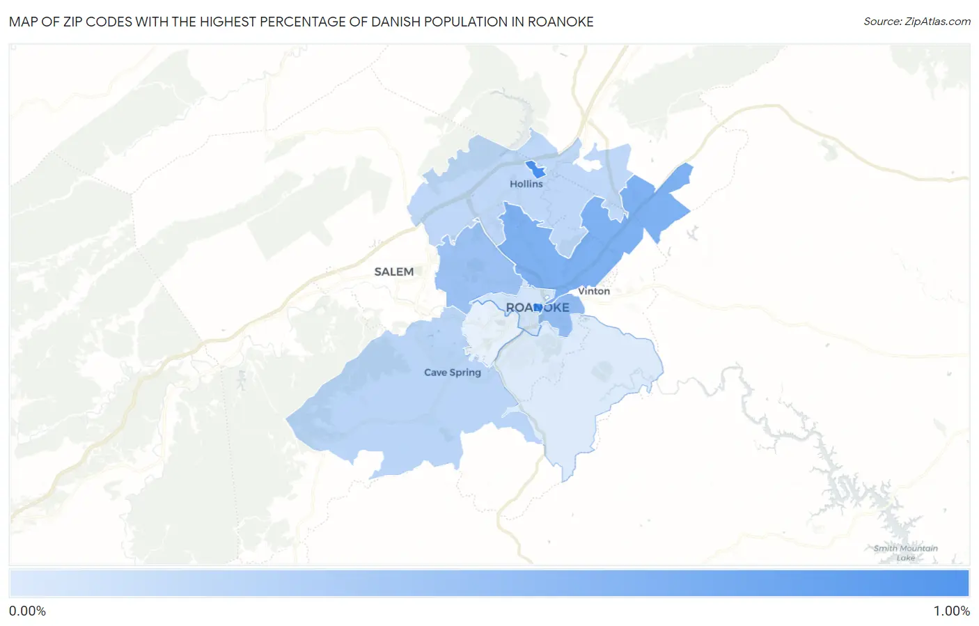Zip Codes with the Highest Percentage of Danish Population in Roanoke Map