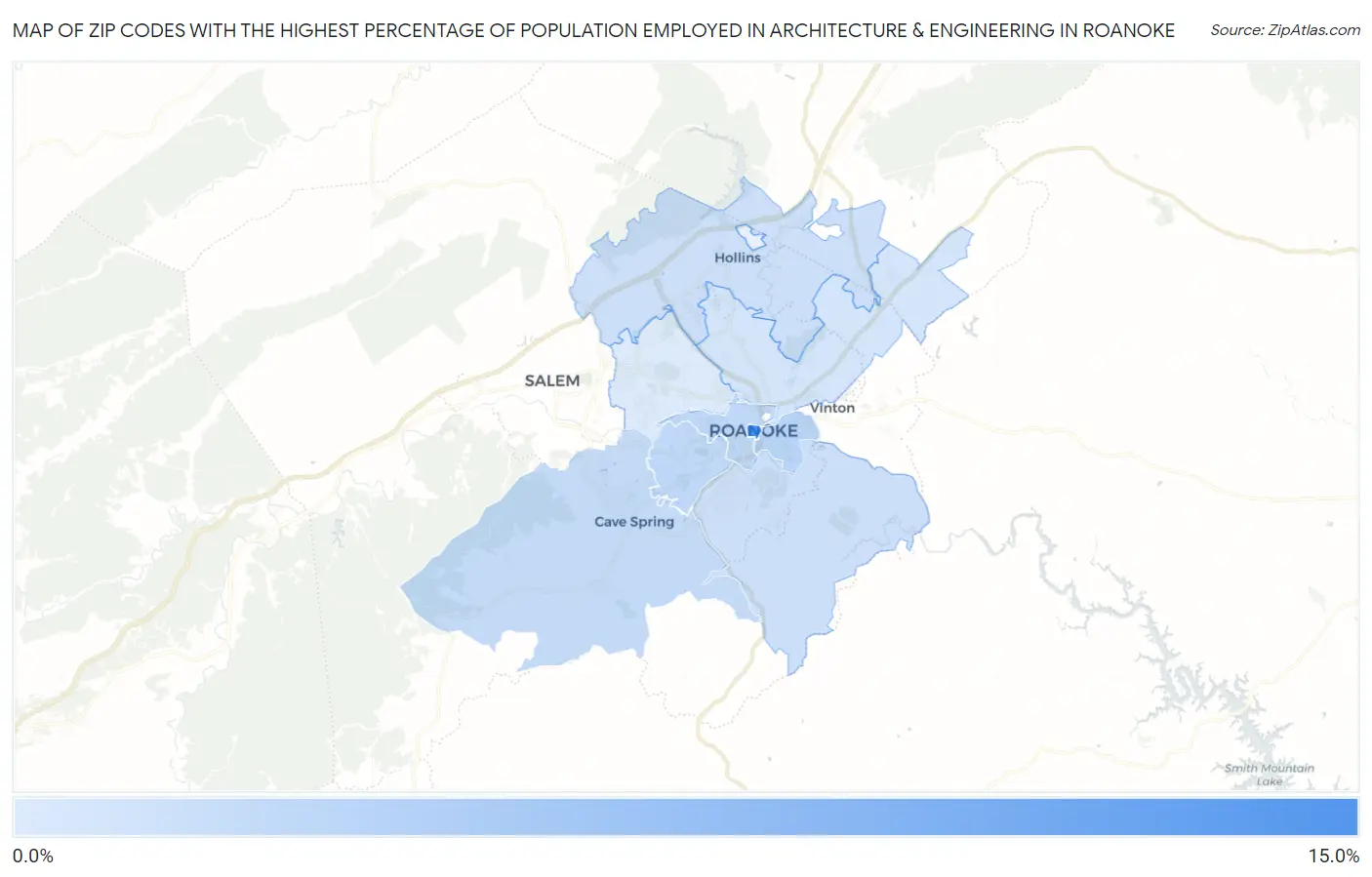 Zip Codes with the Highest Percentage of Population Employed in Architecture & Engineering in Roanoke Map