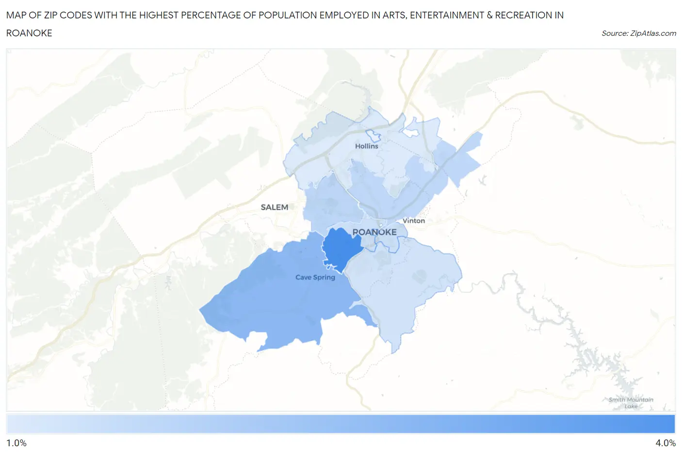 Zip Codes with the Highest Percentage of Population Employed in Arts, Entertainment & Recreation in Roanoke Map