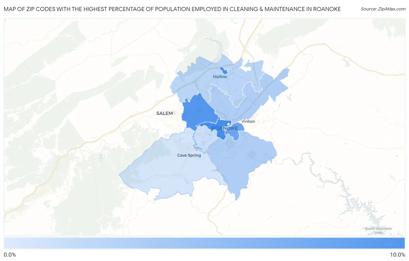Zip Codes with the Highest Percentage of Population Employed in Cleaning & Maintenance in Roanoke Map