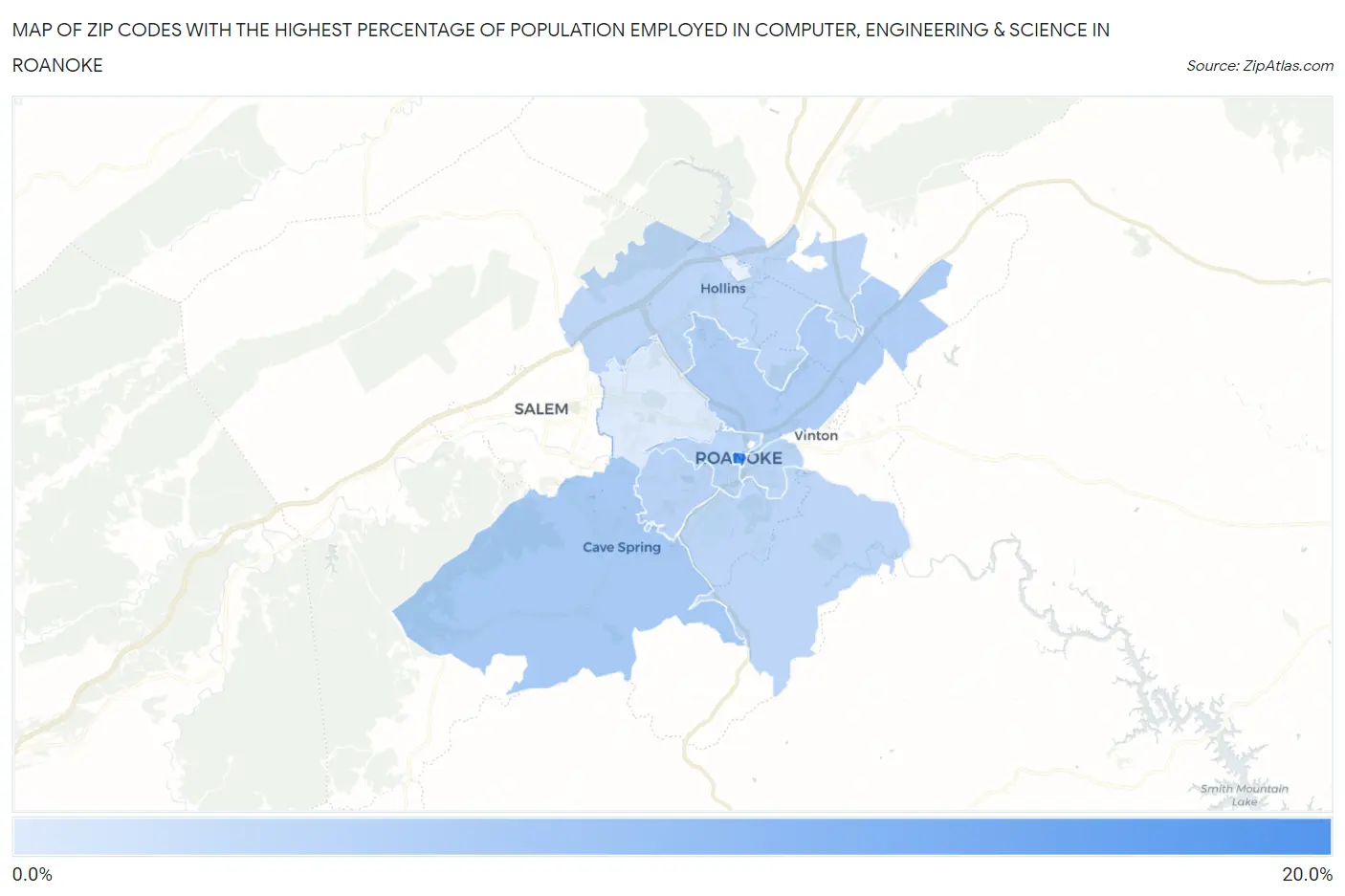 Zip Codes with the Highest Percentage of Population Employed in Computer, Engineering & Science in Roanoke Map