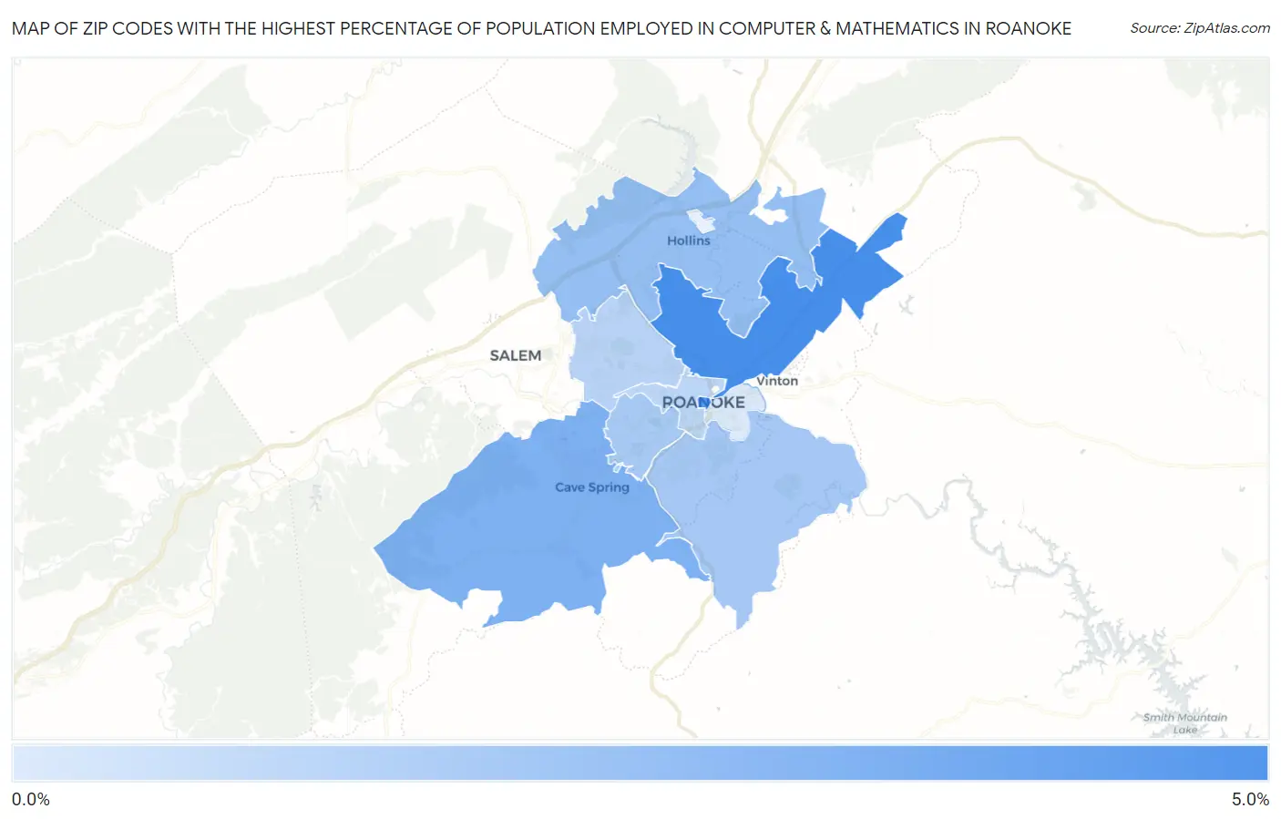 Zip Codes with the Highest Percentage of Population Employed in Computer & Mathematics in Roanoke Map