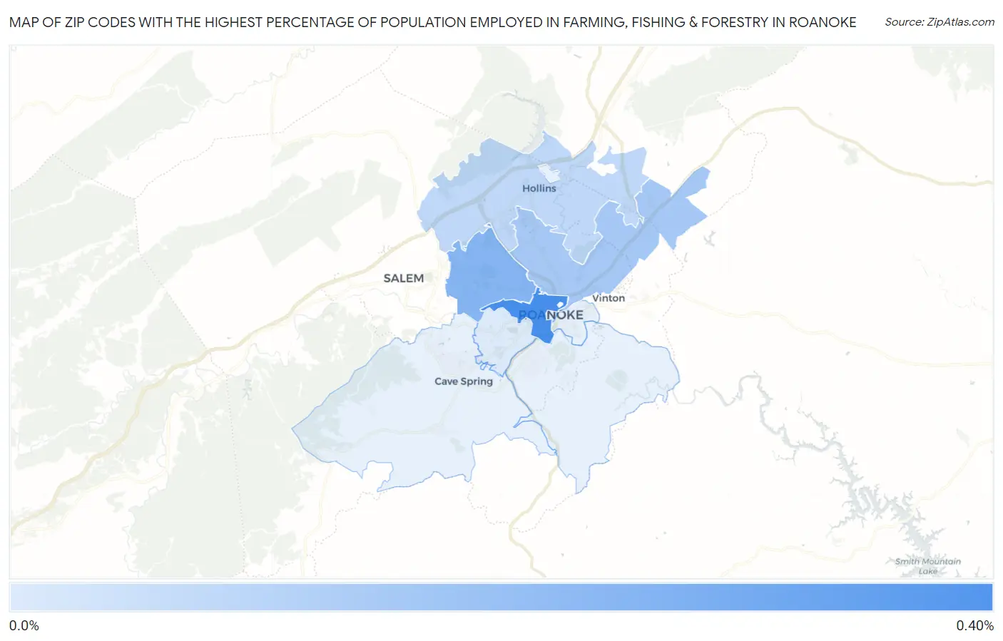 Zip Codes with the Highest Percentage of Population Employed in Farming, Fishing & Forestry in Roanoke Map