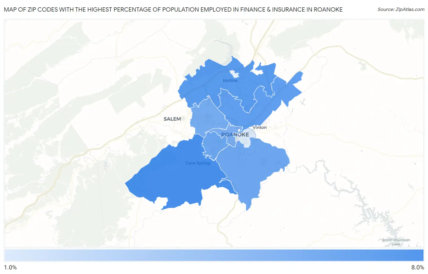 Zip Codes with the Highest Percentage of Population Employed in Finance & Insurance in Roanoke Map