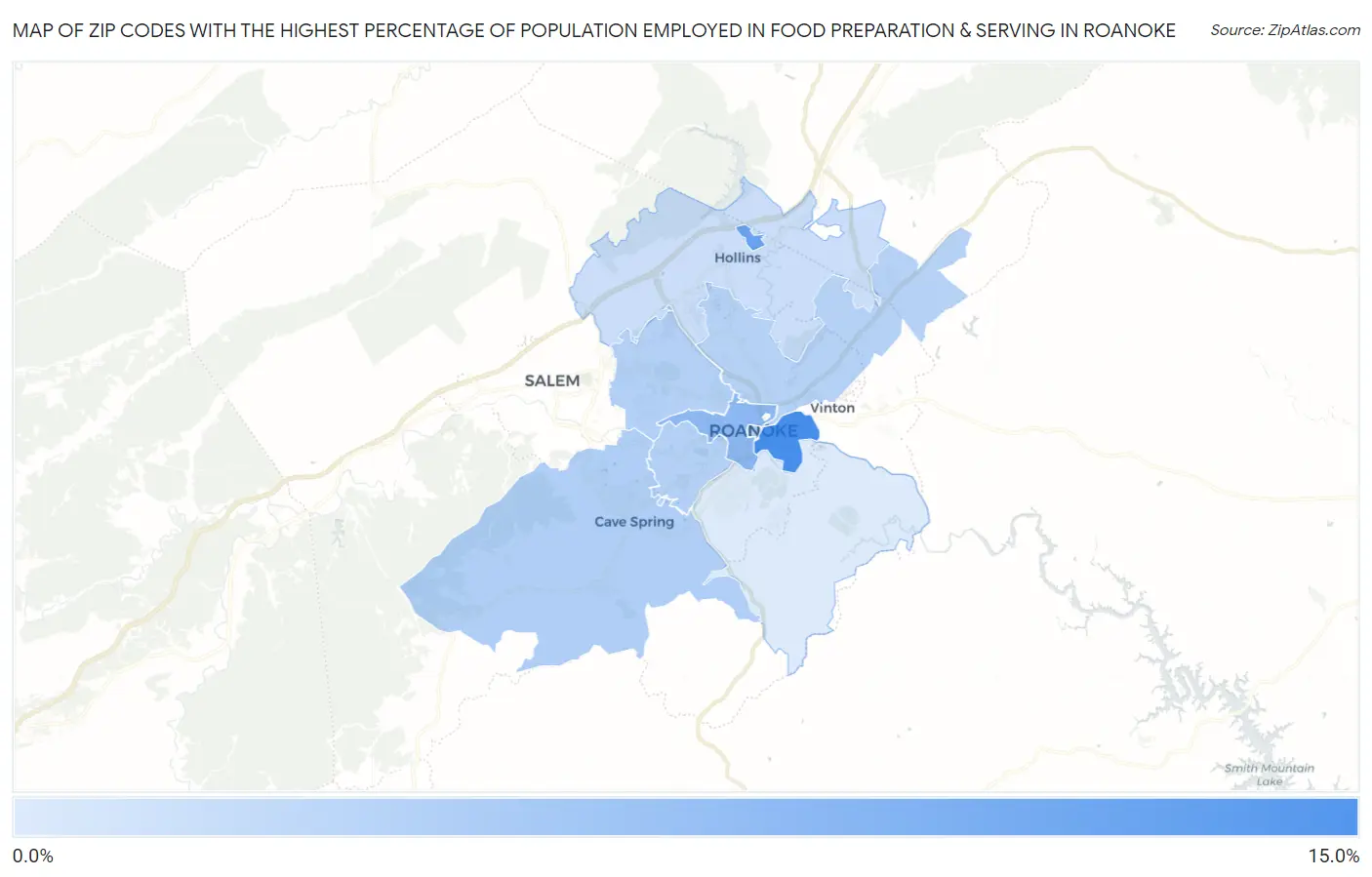 Zip Codes with the Highest Percentage of Population Employed in Food Preparation & Serving in Roanoke Map