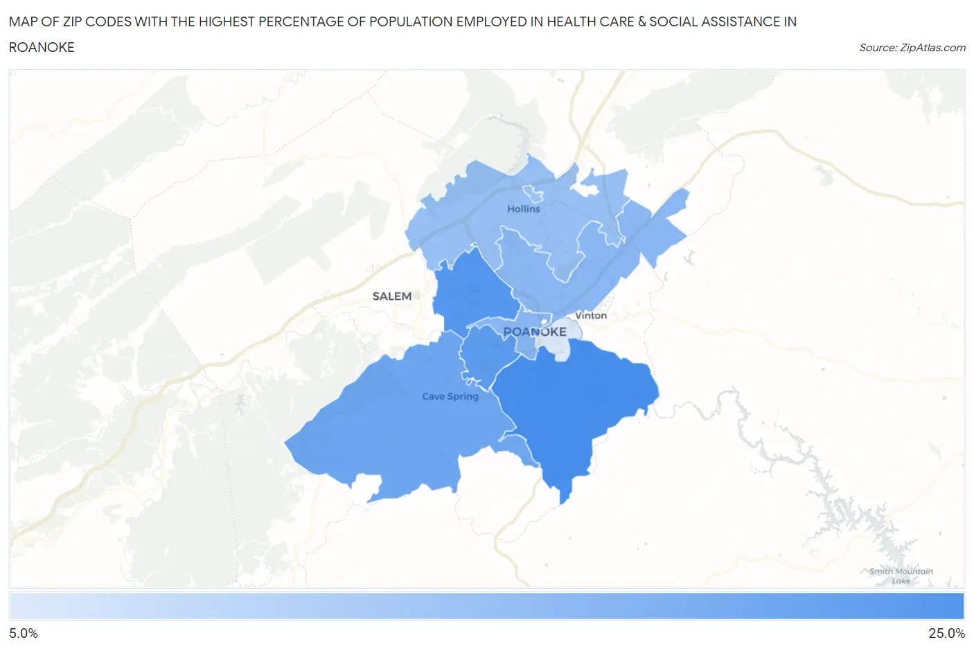 Zip Codes with the Highest Percentage of Population Employed in Health Care & Social Assistance in Roanoke Map